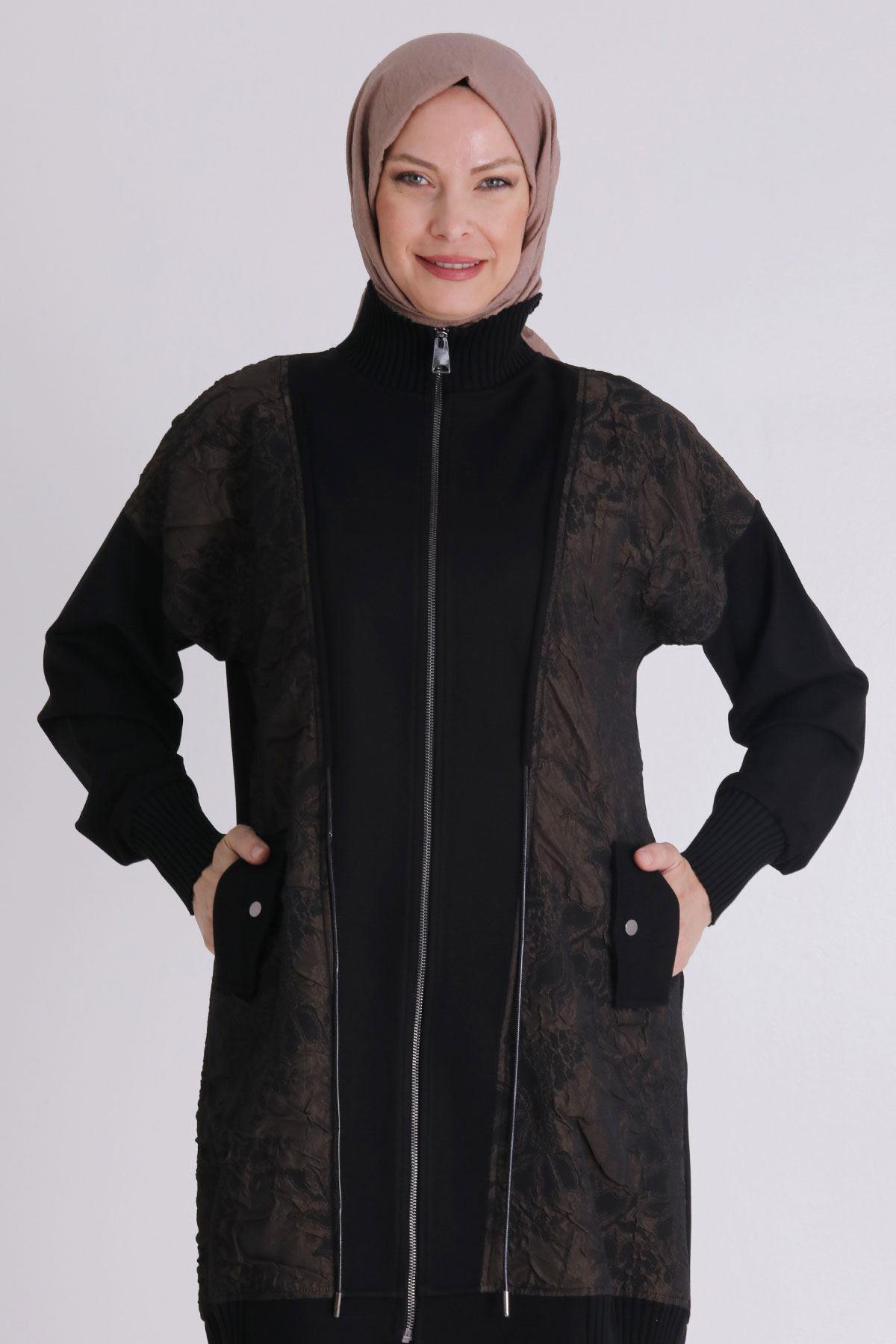 Desenli Fermuarlı Tesettür Kap Siyah-Bakır OTW25131
