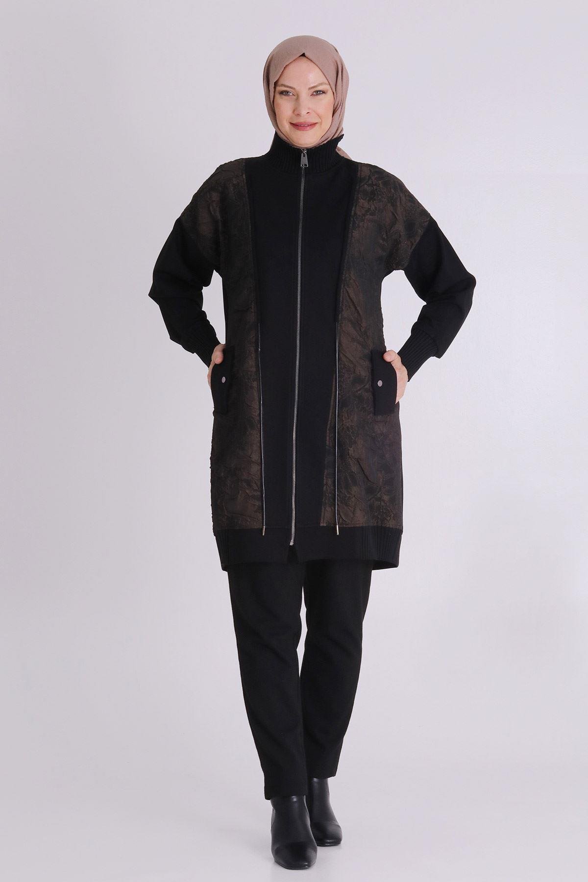Desenli Fermuarlı Tesettür Kap Siyah-Bakır OTW25131
