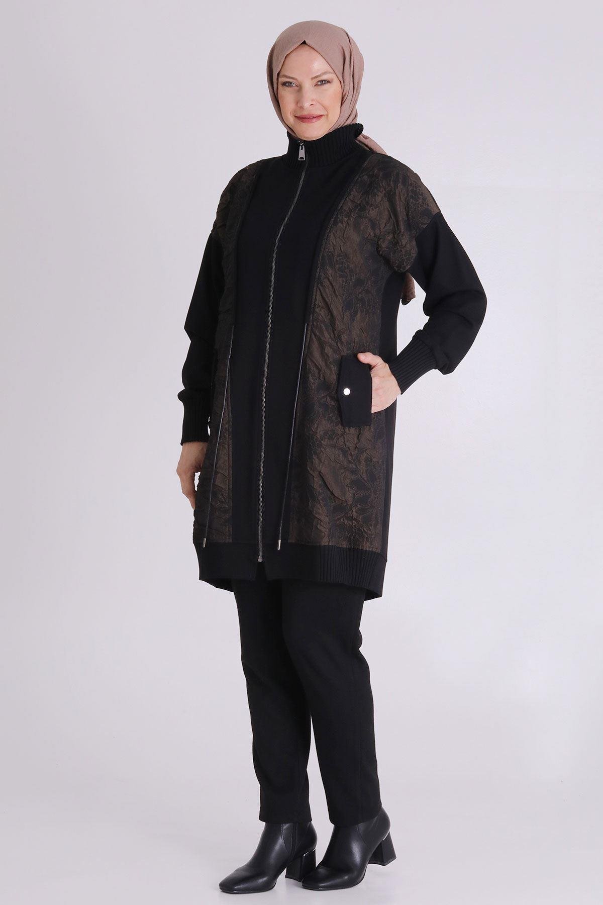 Desenli Fermuarlı Tesettür Kap Siyah-Bakır OTW25131