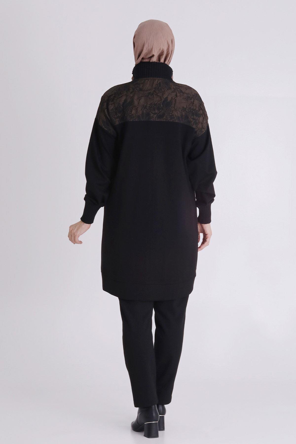 Desenli Fermuarlı Tesettür Kap Siyah-Bakır OTW25131