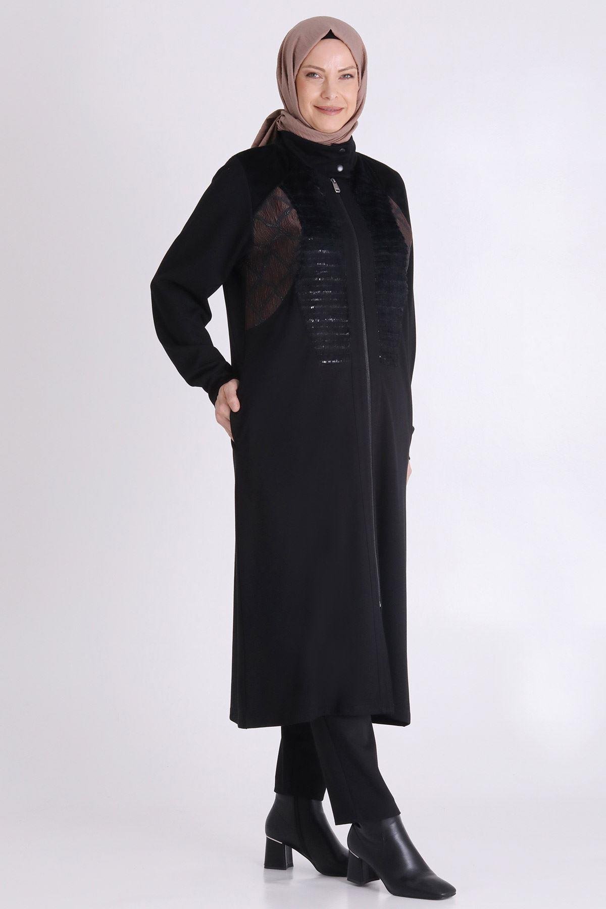 Desenli Kadife Detaylı Tesettür Kap Siyah OTW25136