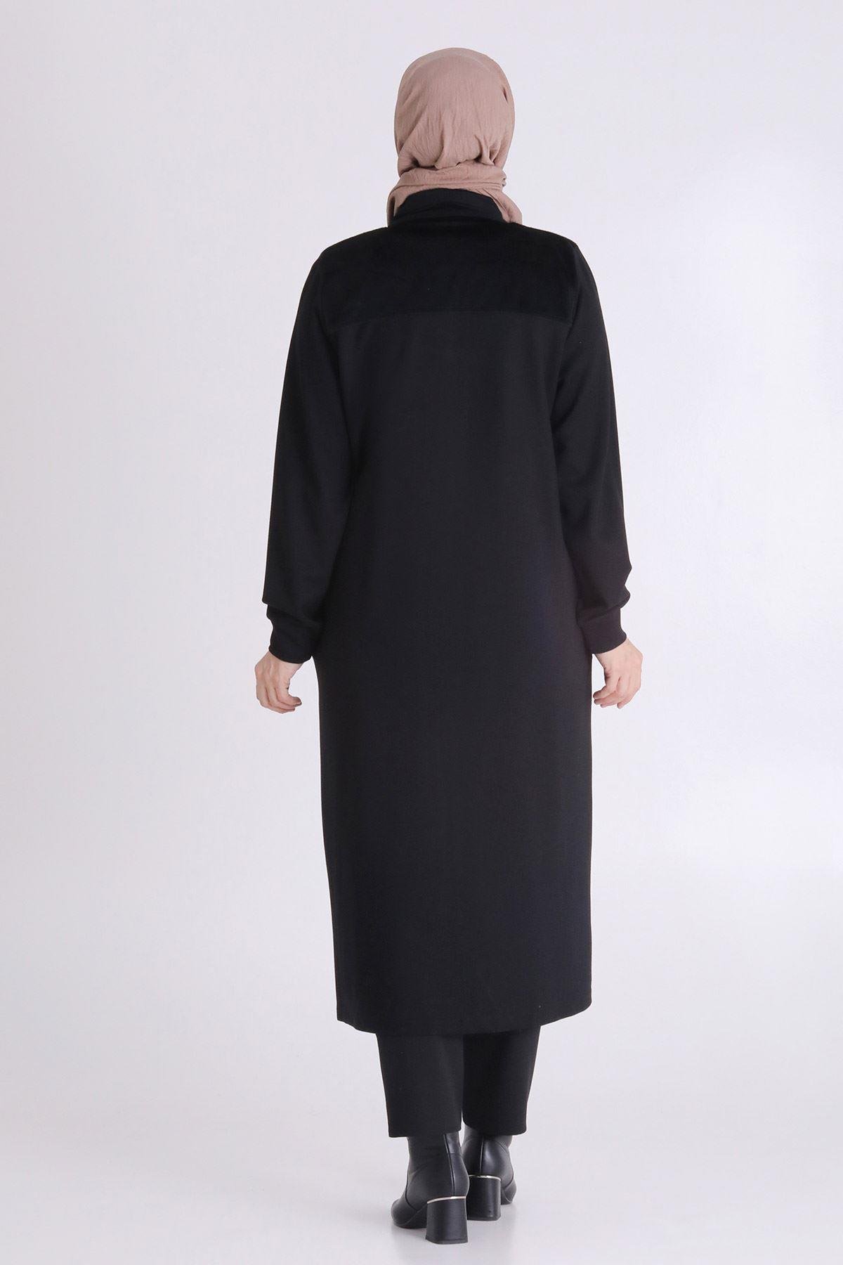 Desenli Kadife Detaylı Tesettür Kap Siyah OTW25136