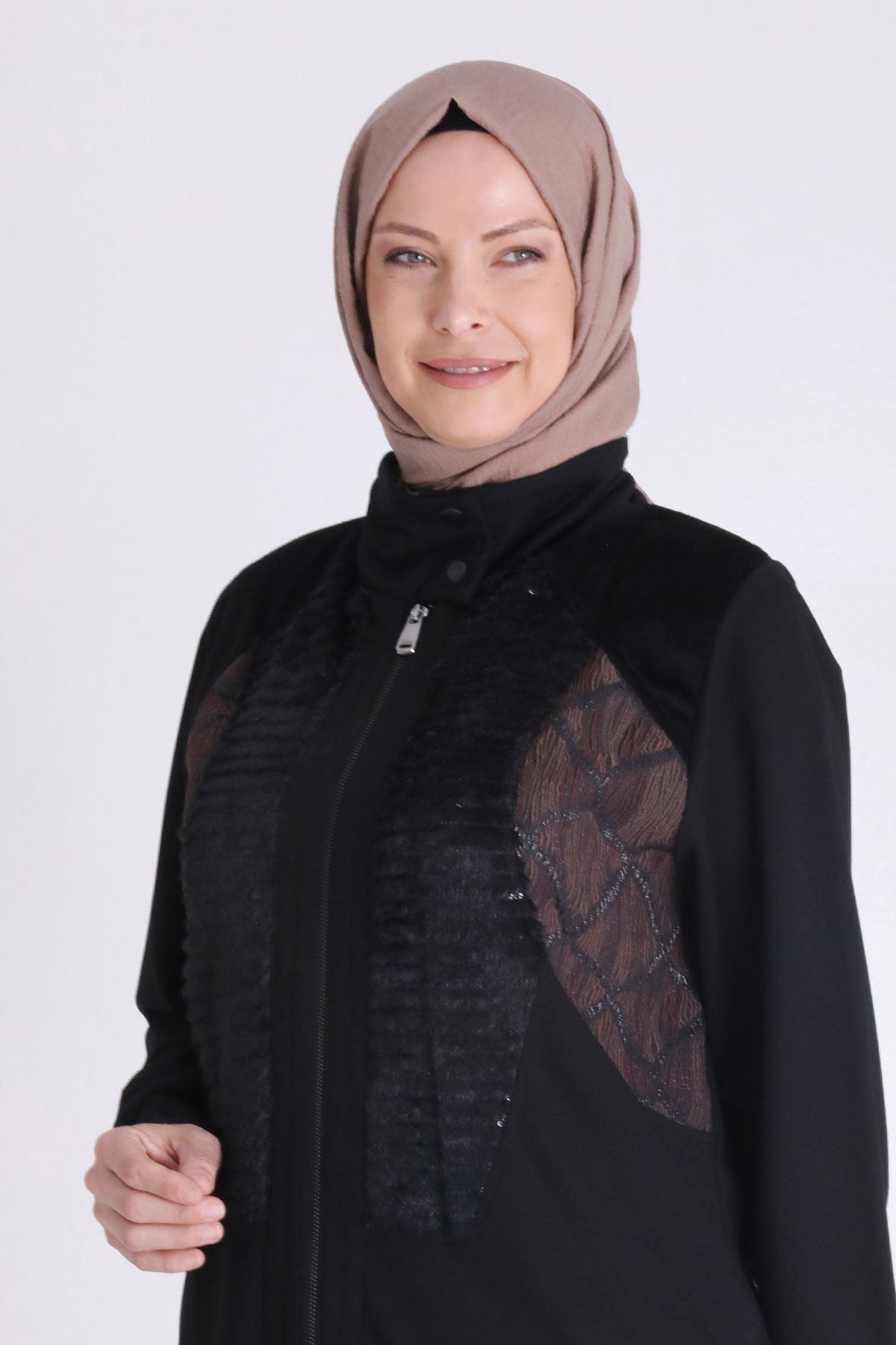 Desenli Kadife Detaylı Tesettür Kap Siyah OTW25136