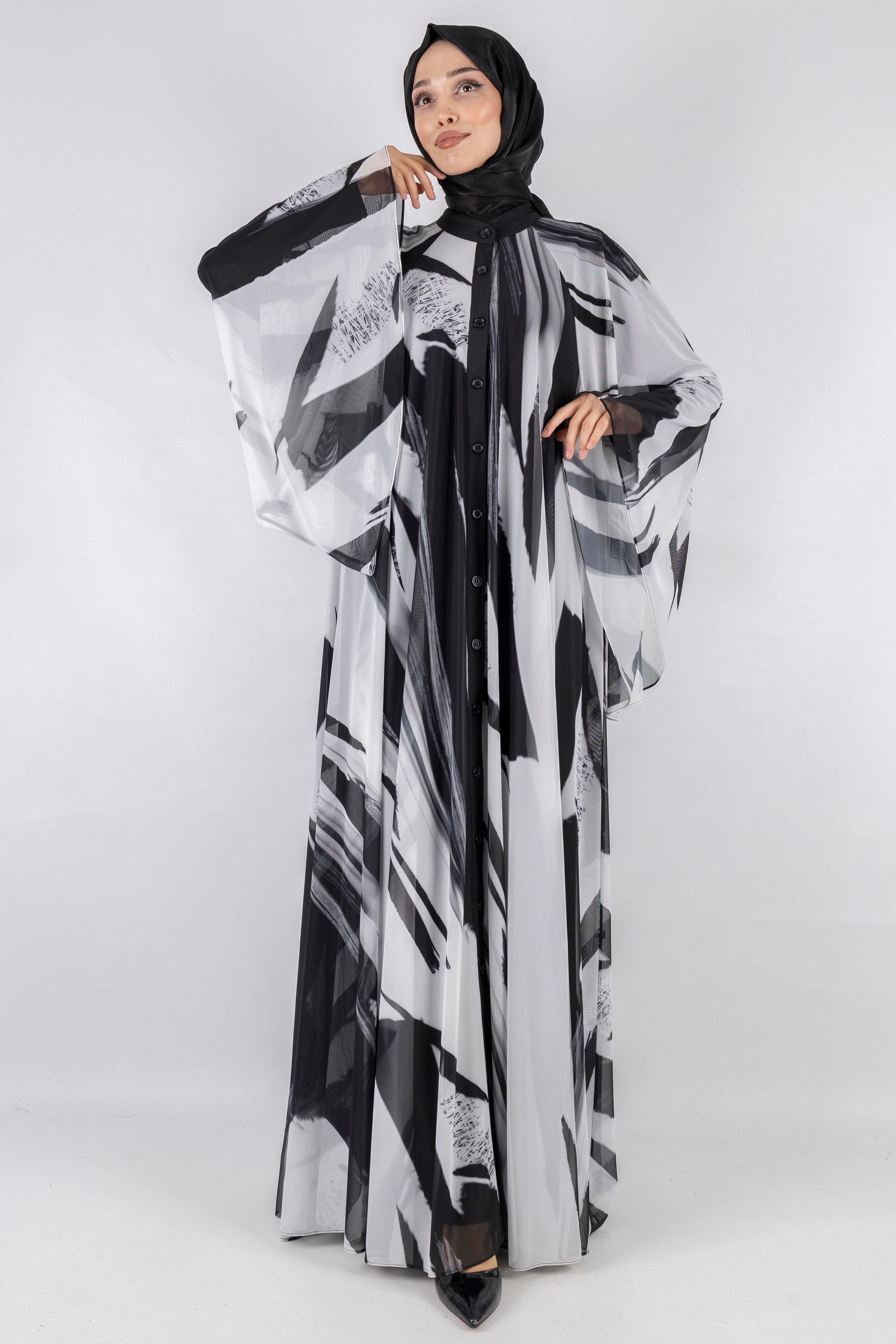 Desenli Şık Hafif Tül Elbise  Siyah-Beyaz OTW394