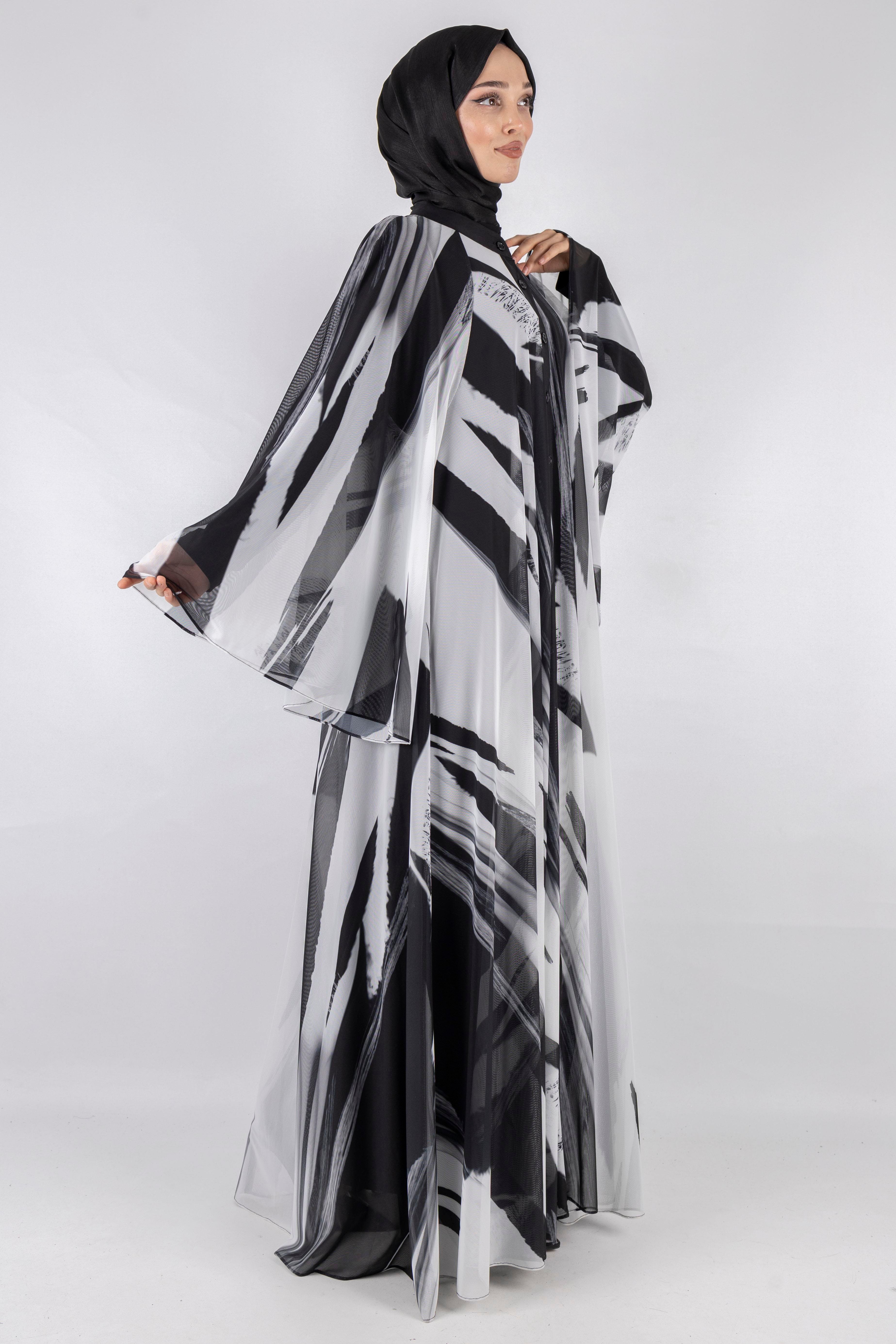 Desenli Şık Hafif Tül Elbise  Siyah-Beyaz OTW394