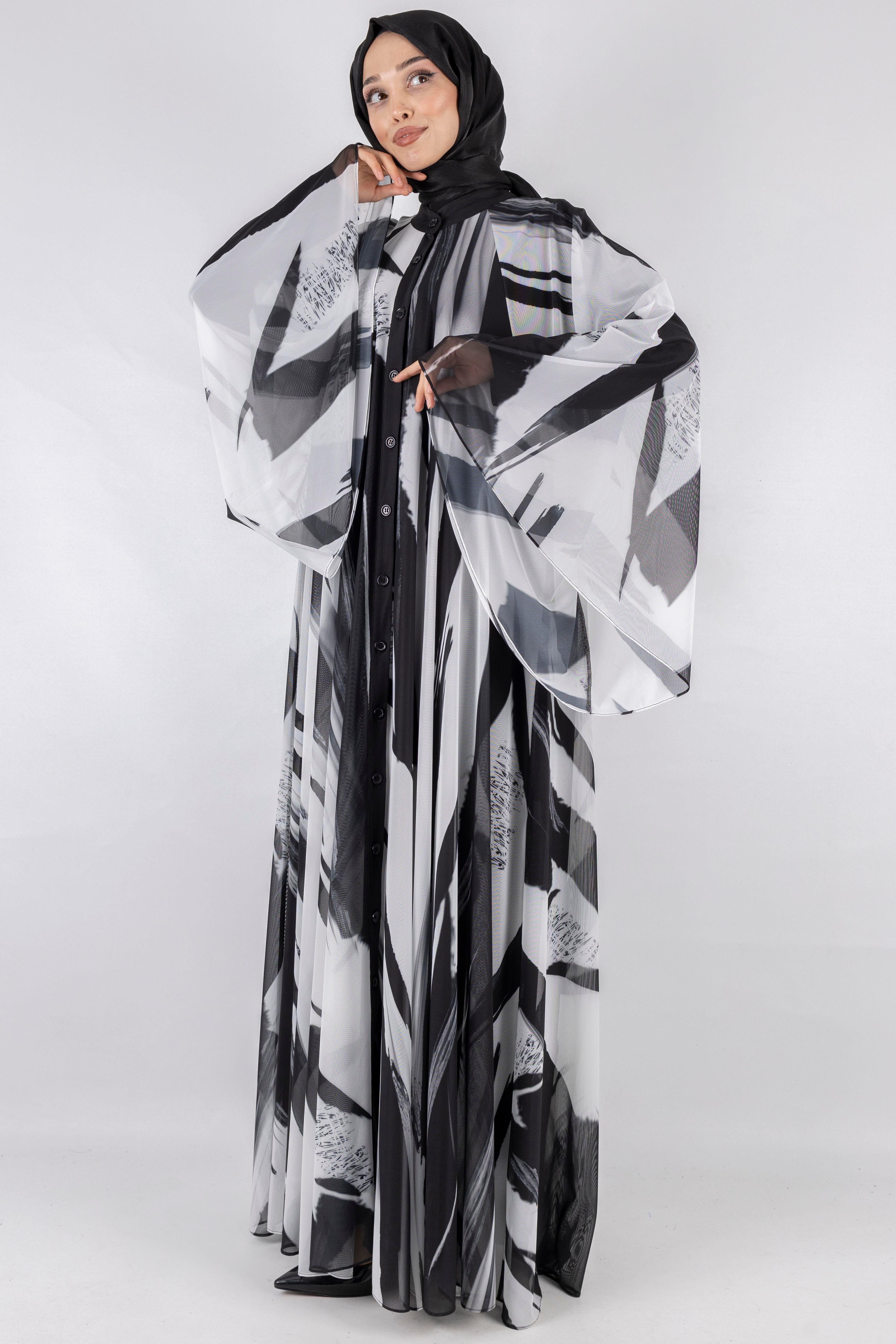 Desenli Şık Hafif Tül Elbise  Siyah-Beyaz OTW394