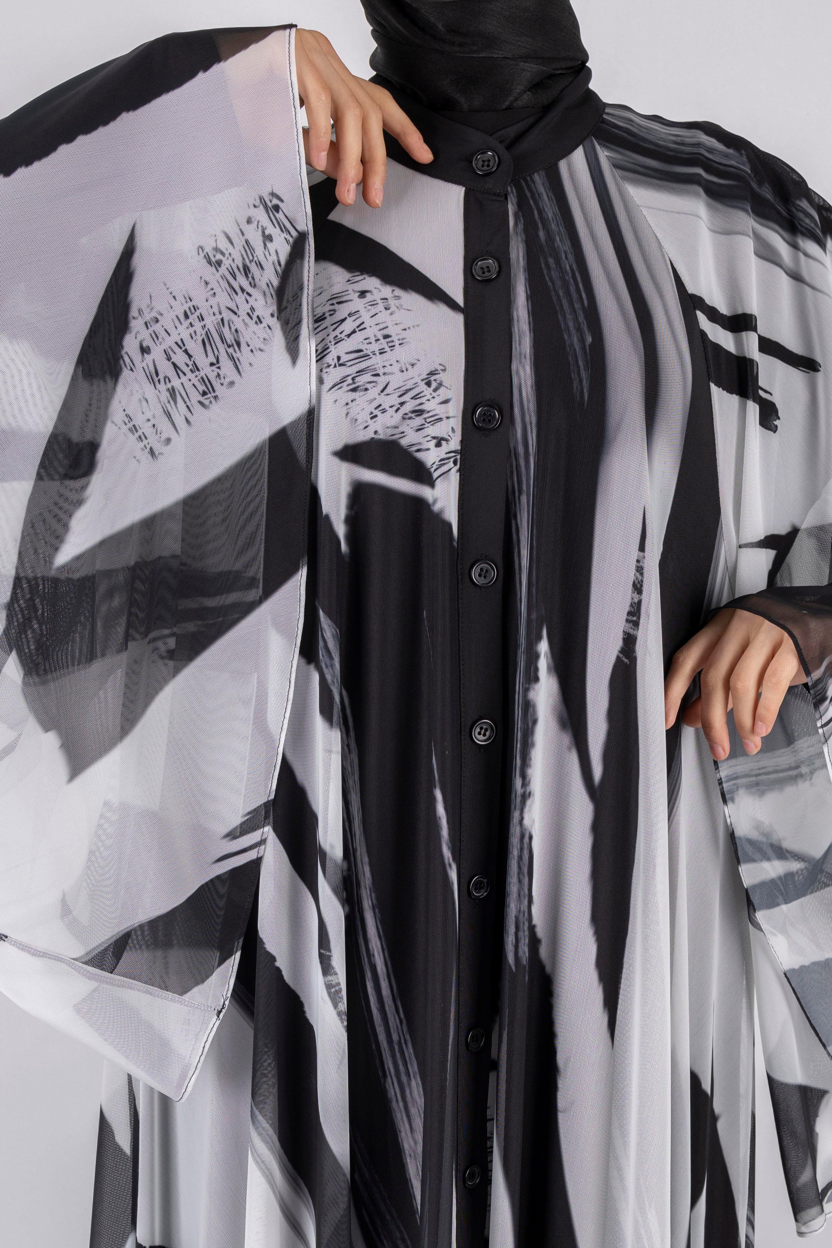 Desenli Şık Hafif Tül Elbise  Siyah-Beyaz OTW394