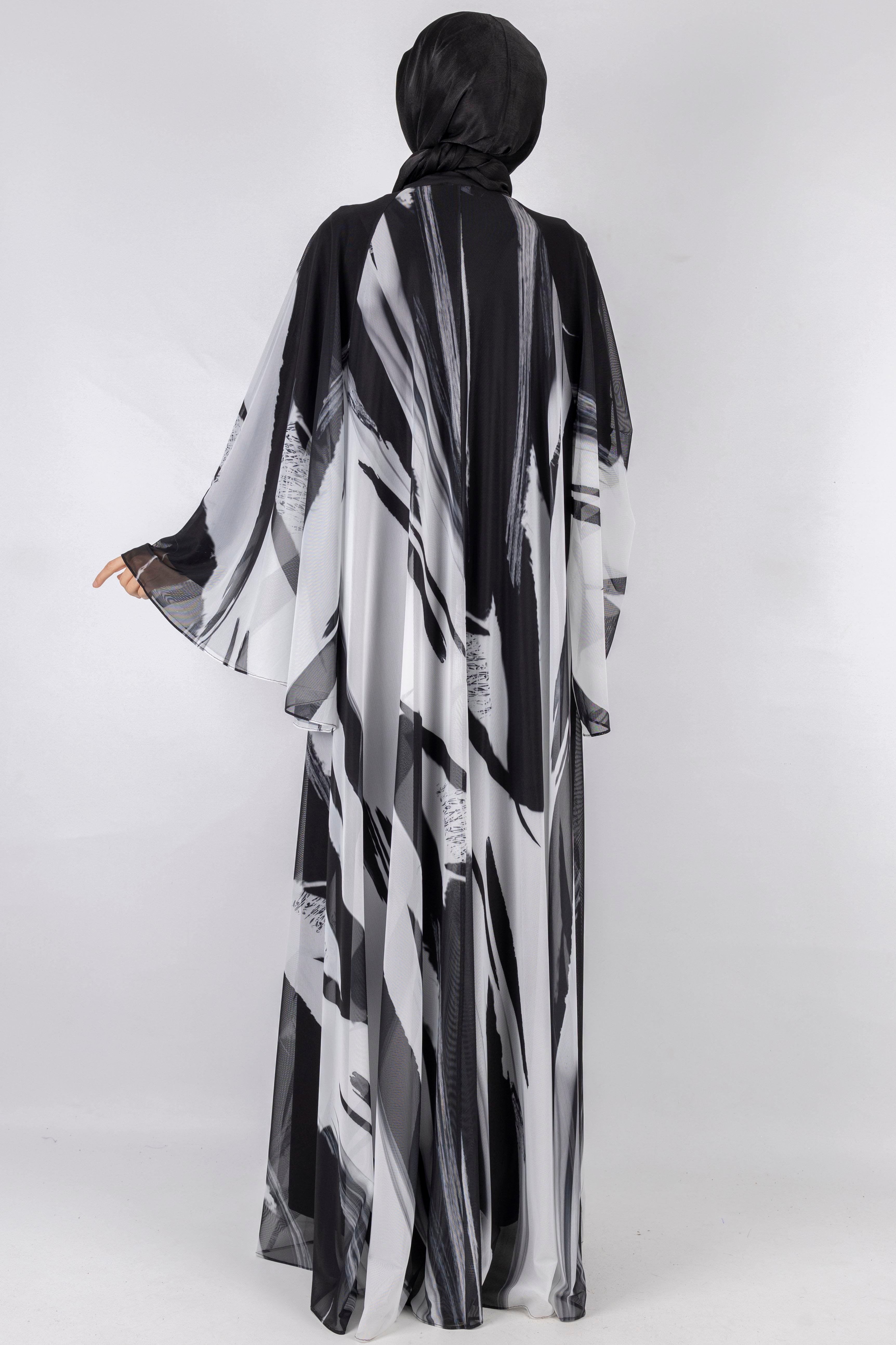 Desenli Şık Hafif Tül Elbise  Siyah-Beyaz OTW394