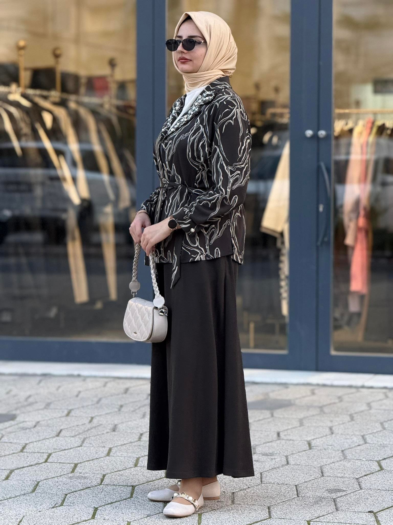 Desenli Taş İşlemeli Üçlü Örme Takım Ekru-Haki OTW4734