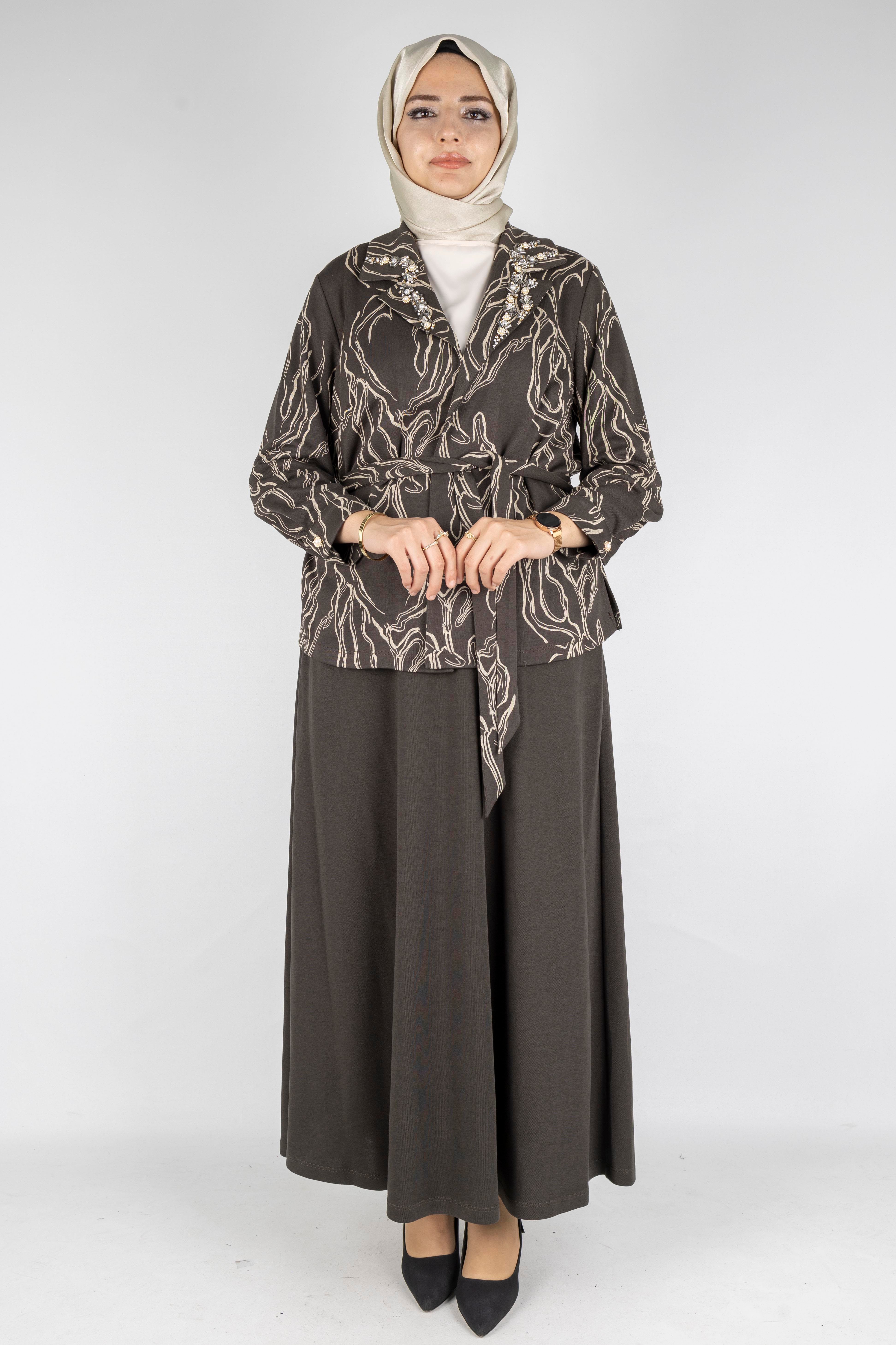 Desenli Taş İşlemeli Üçlü Örme Takım Ekru-Haki OTW4734