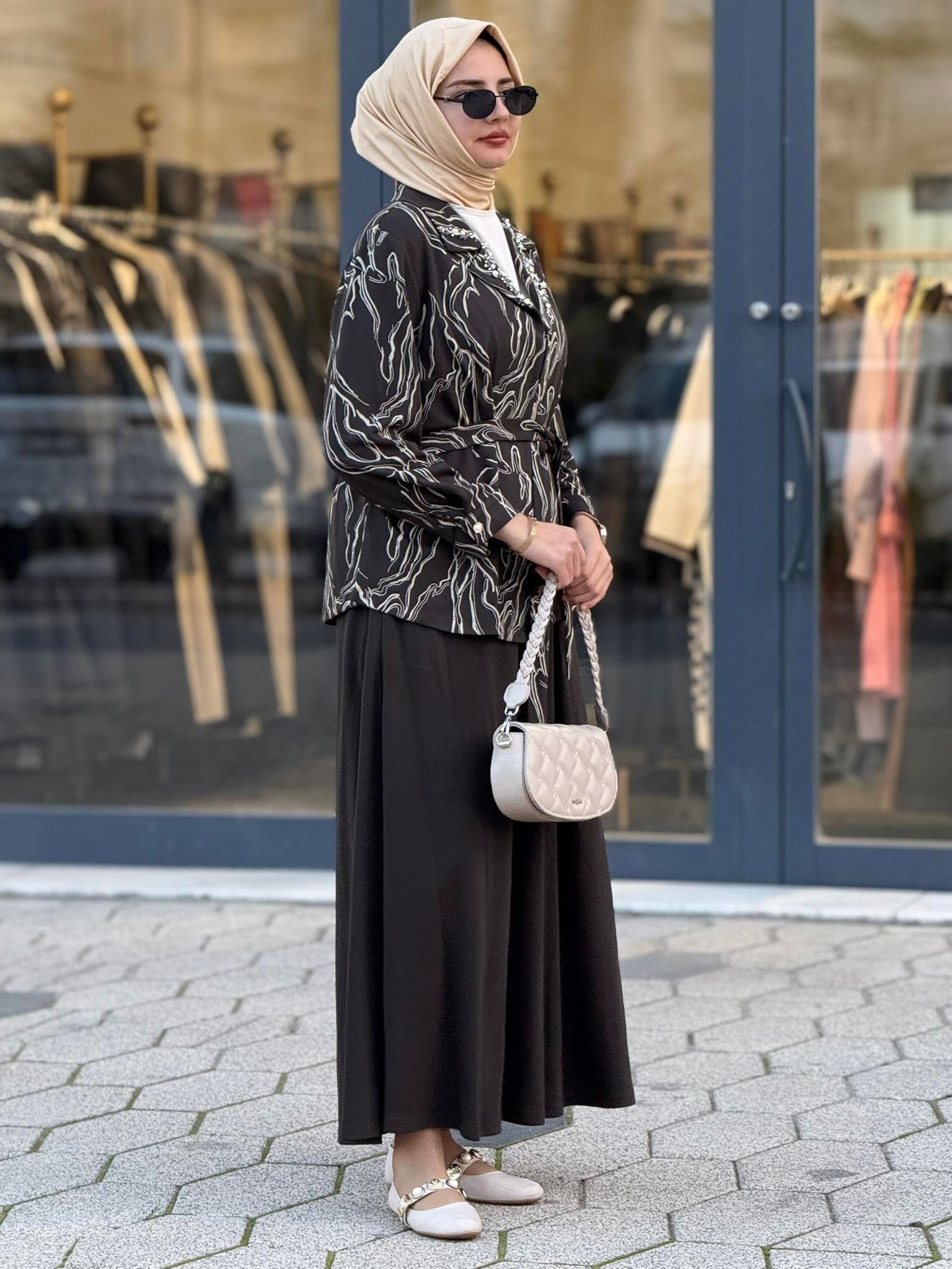 Desenli Taş İşlemeli Üçlü Örme Takım Ekru-Haki OTW4734