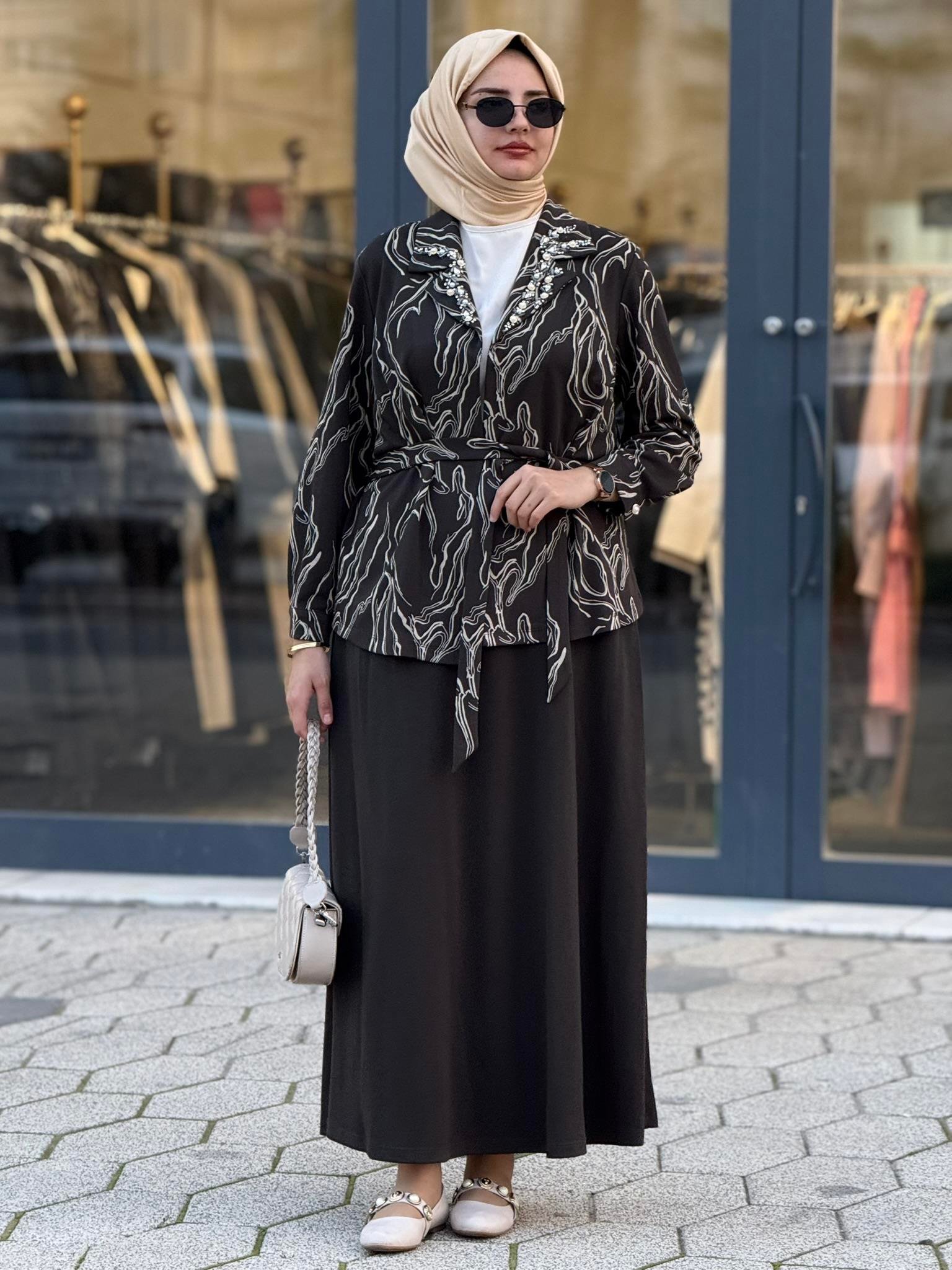 Desenli Taş İşlemeli Üçlü Örme Takım Ekru-Haki OTW4734