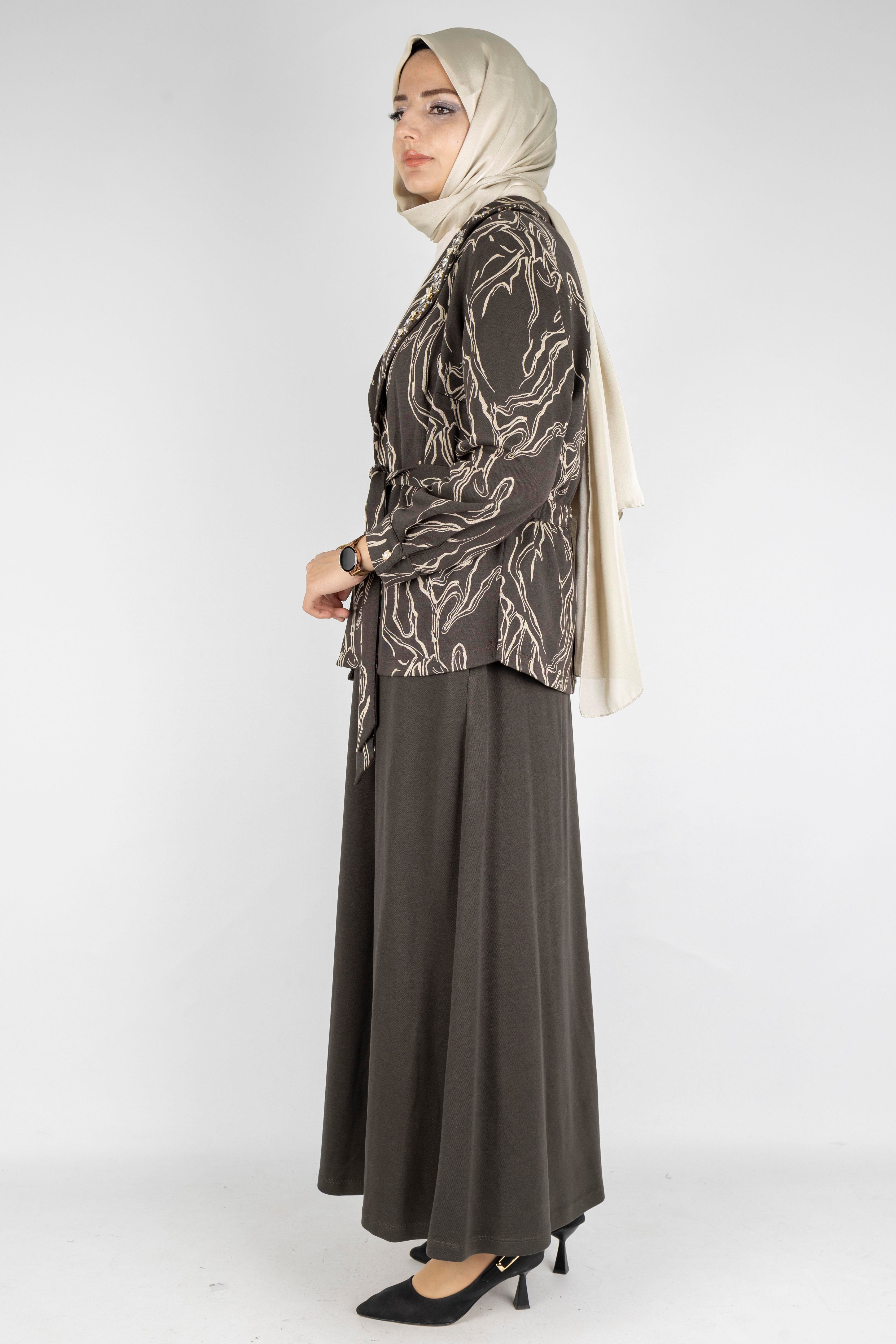 Desenli Taş İşlemeli Üçlü Örme Takım Ekru-Haki OTW4734