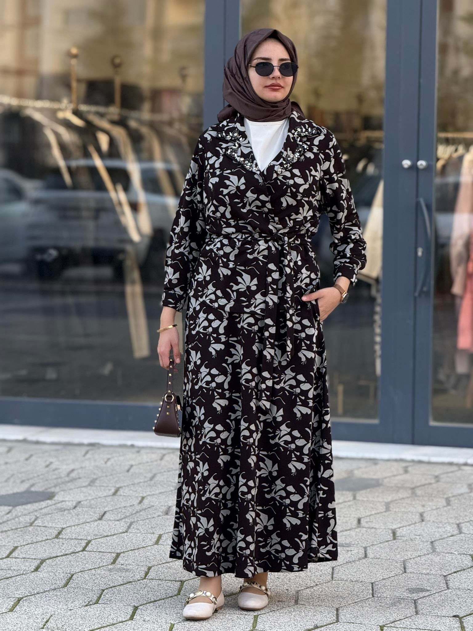 Desenli Üçlü Örme Takım Kahve-Ekru OTW4753