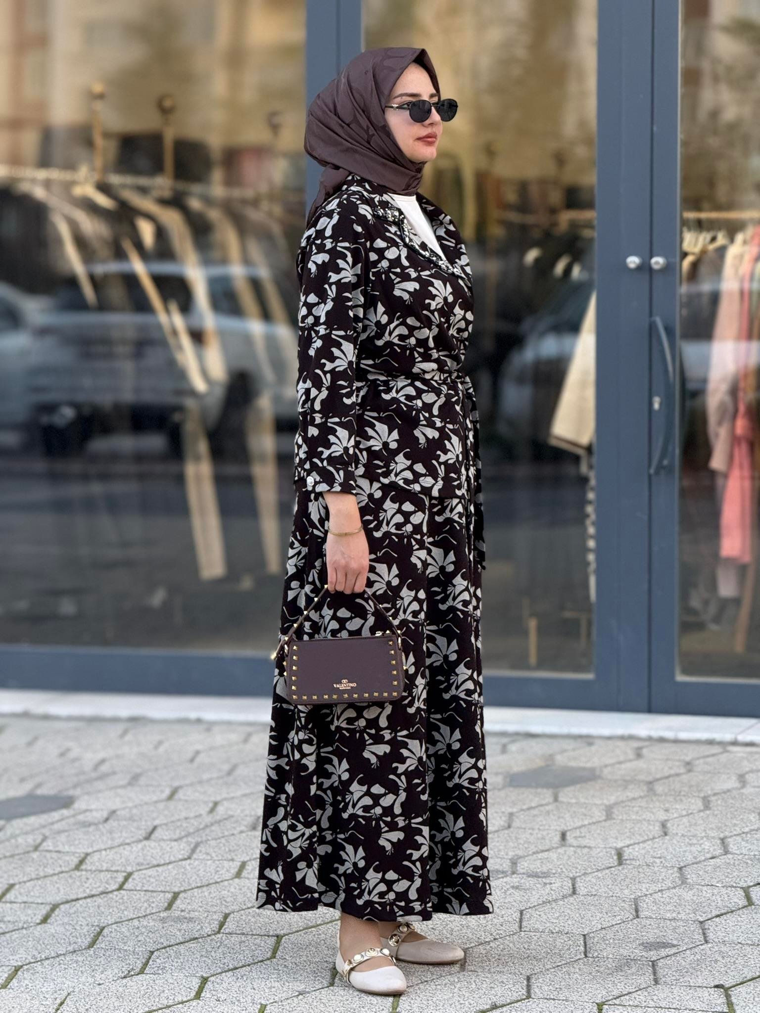 Desenli Üçlü Örme Takım Kahve-Ekru OTW4753