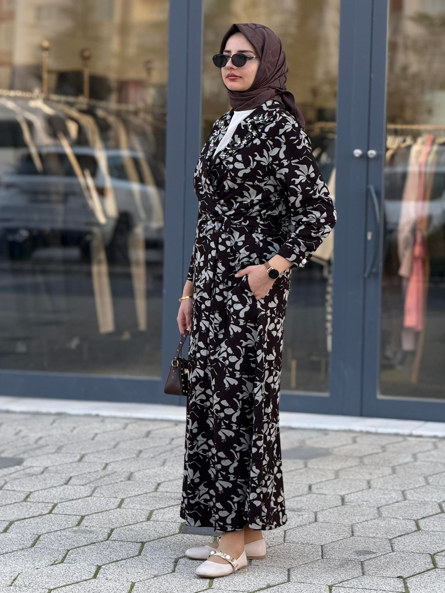 Desenli Üçlü Örme Takım Kahve-Ekru OTW4753