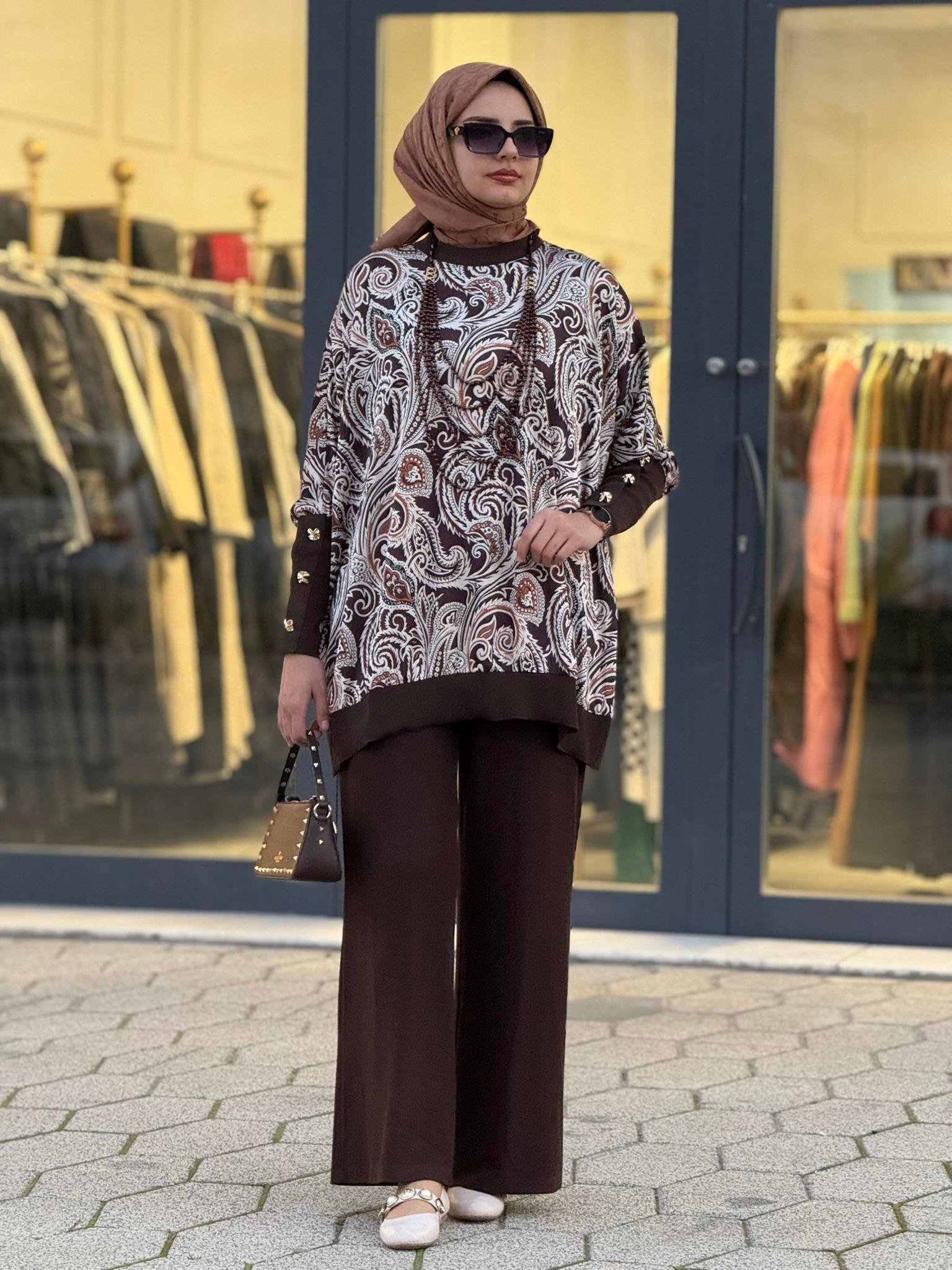 Desenli Yarasa Kol Tesettür Takım Kahve OTW45824