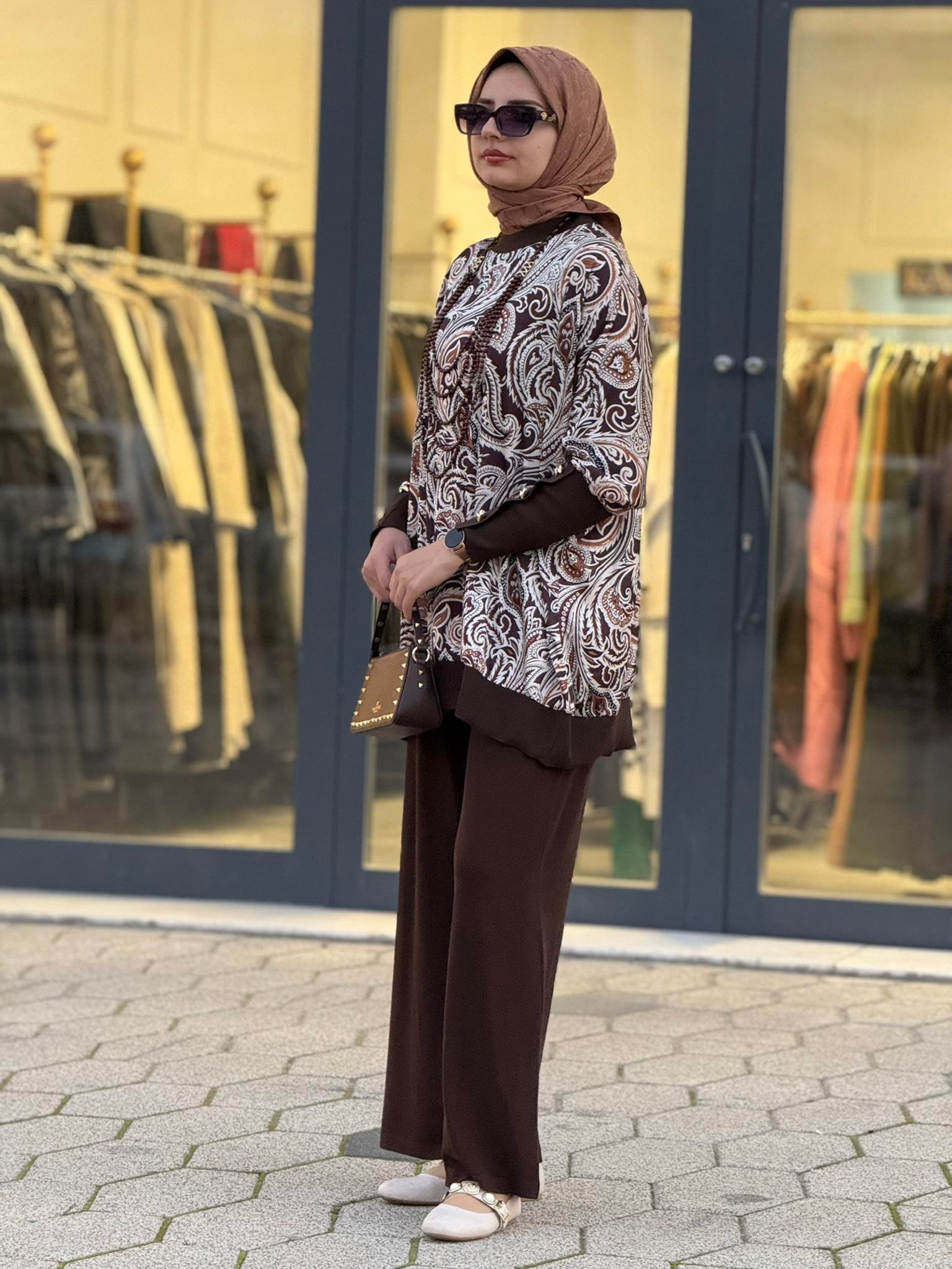 Desenli Yarasa Kol Tesettür Takım Kahve OTW45824