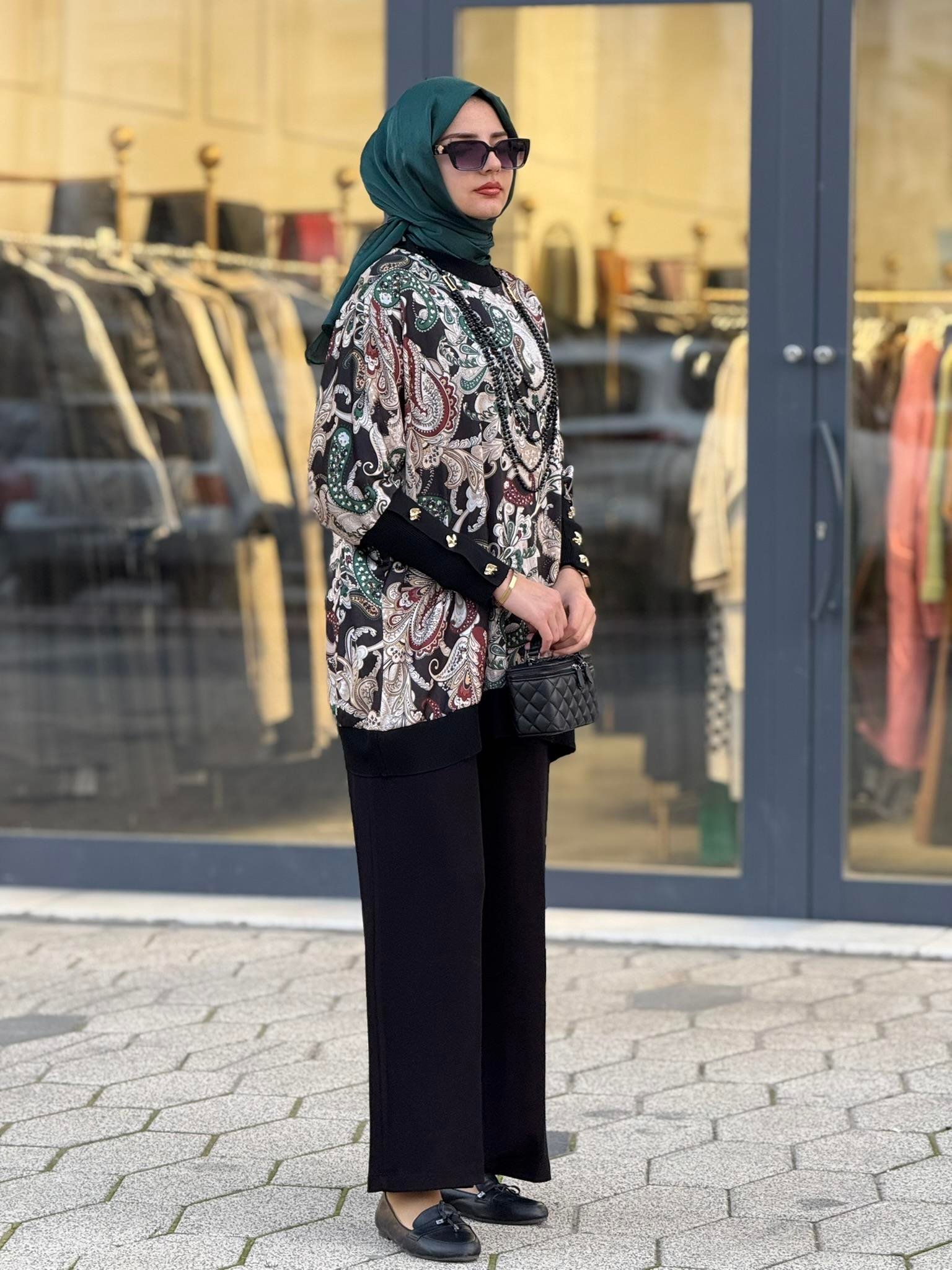 Desenli Yarasa Kol Tesettür Takım Siyah OTW45824