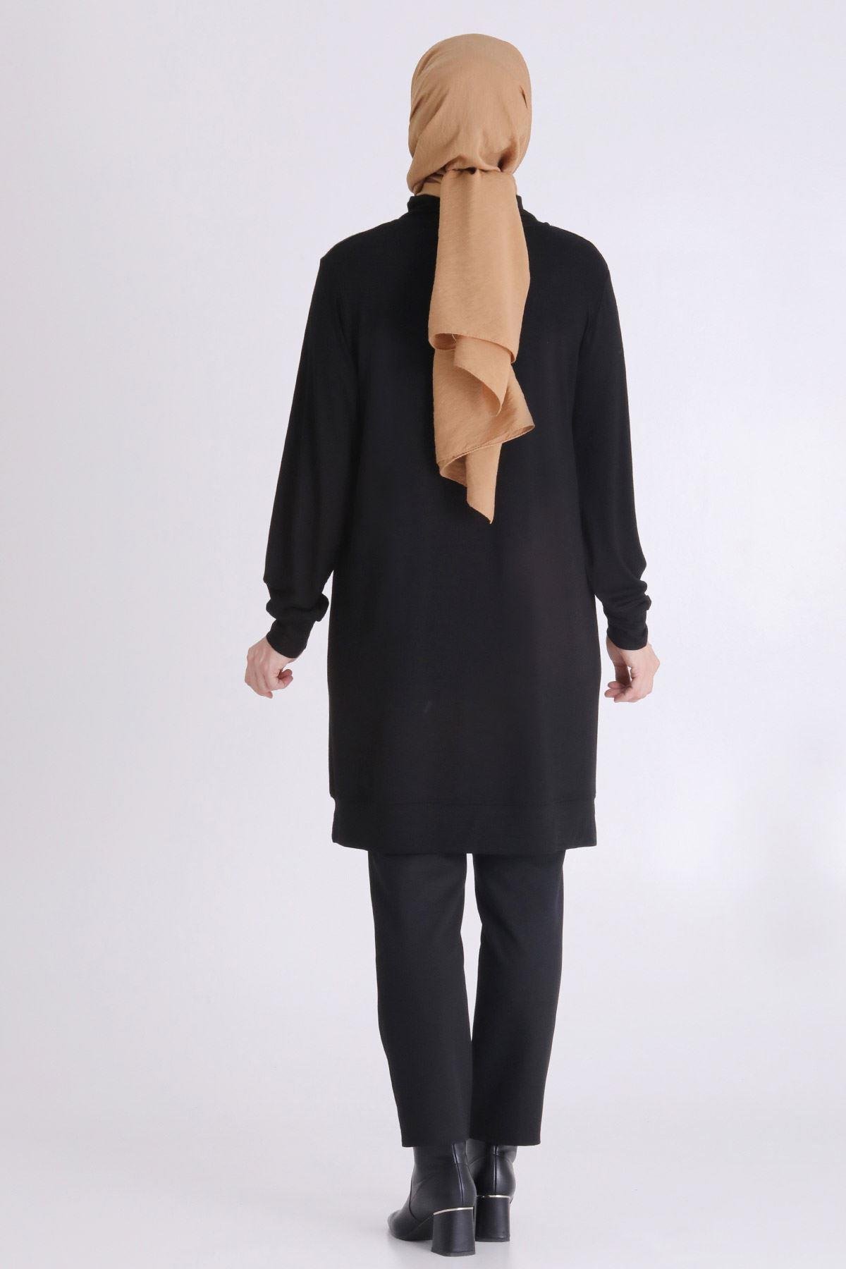 Dikey Taş İşlemeli Tesettür Tunik Siyah OTW20130