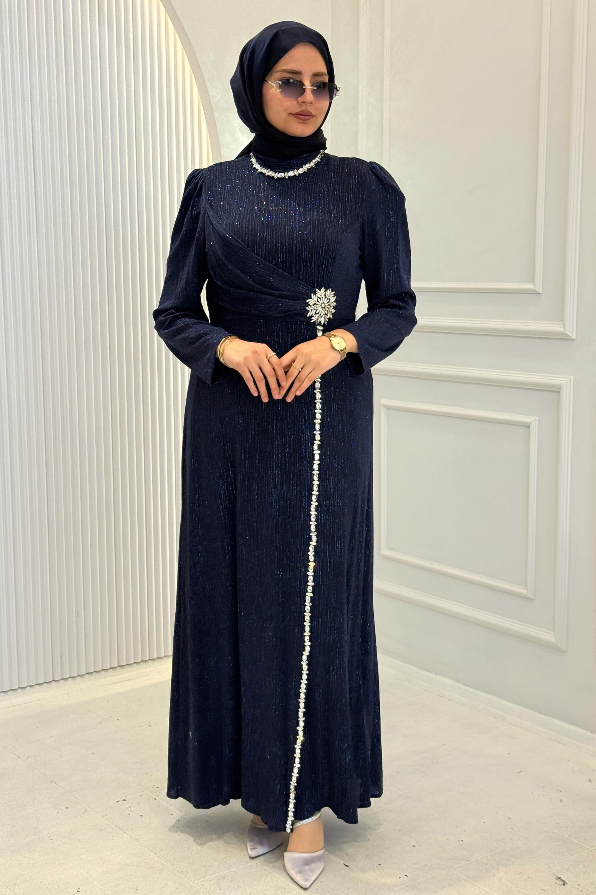 Drapeli Taş İşlemeli Abiye Elbise Lacivert OTW4781