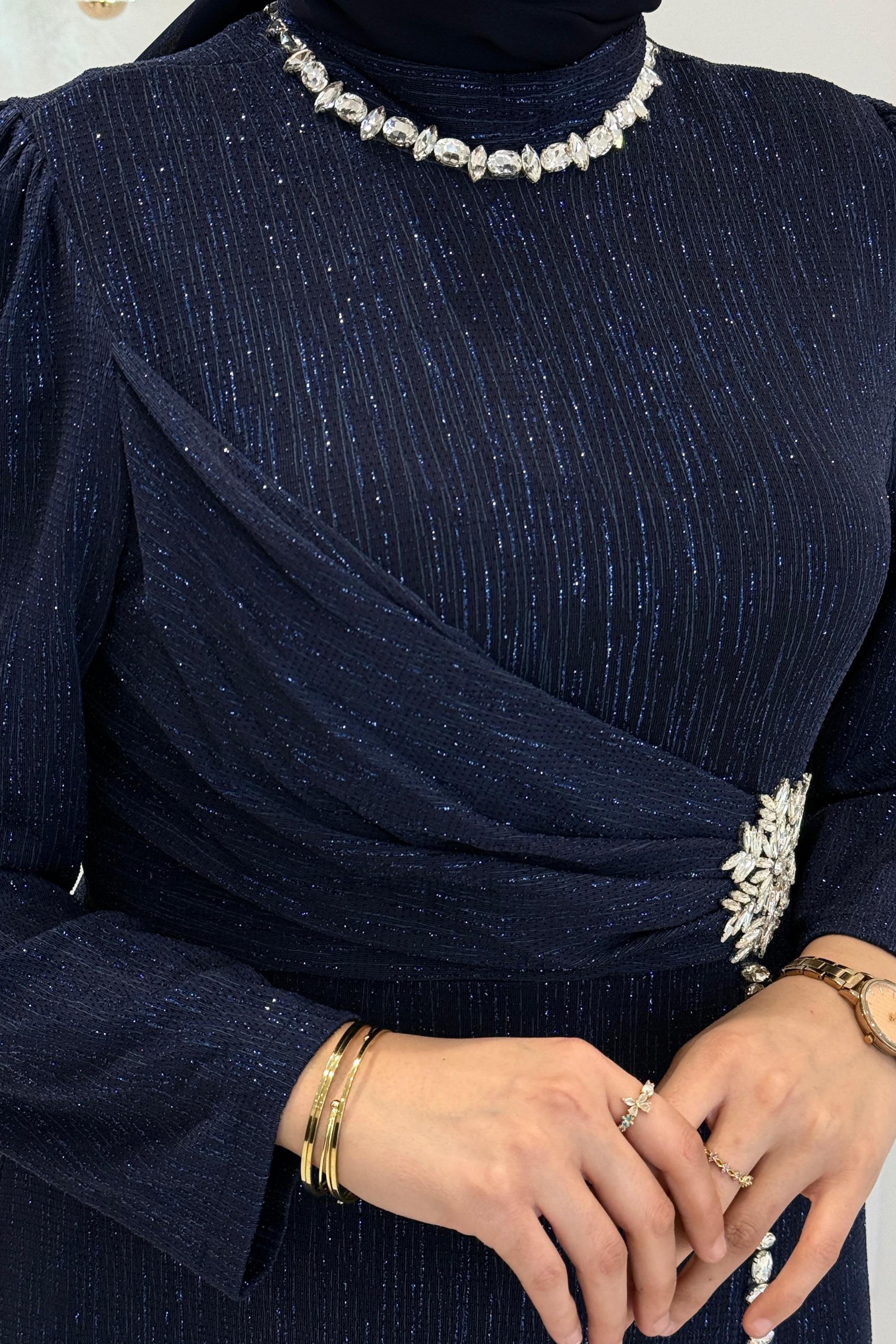 Drapeli Taş İşlemeli Abiye Elbise Lacivert OTW4781