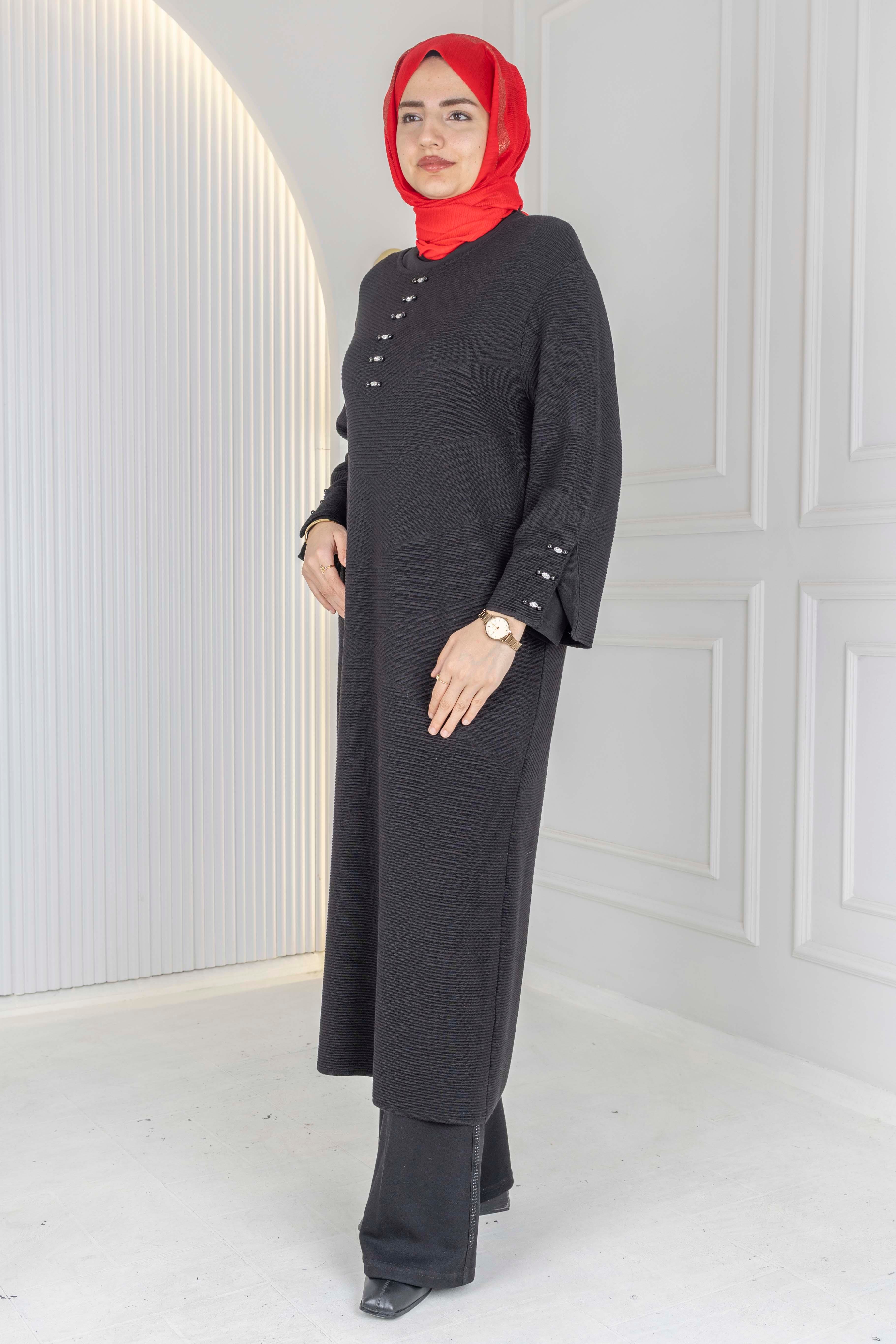 Düğme Detaylı Çelik Örme Uzun Büyük Beden Elbise&Tunik Siyah OTW14436