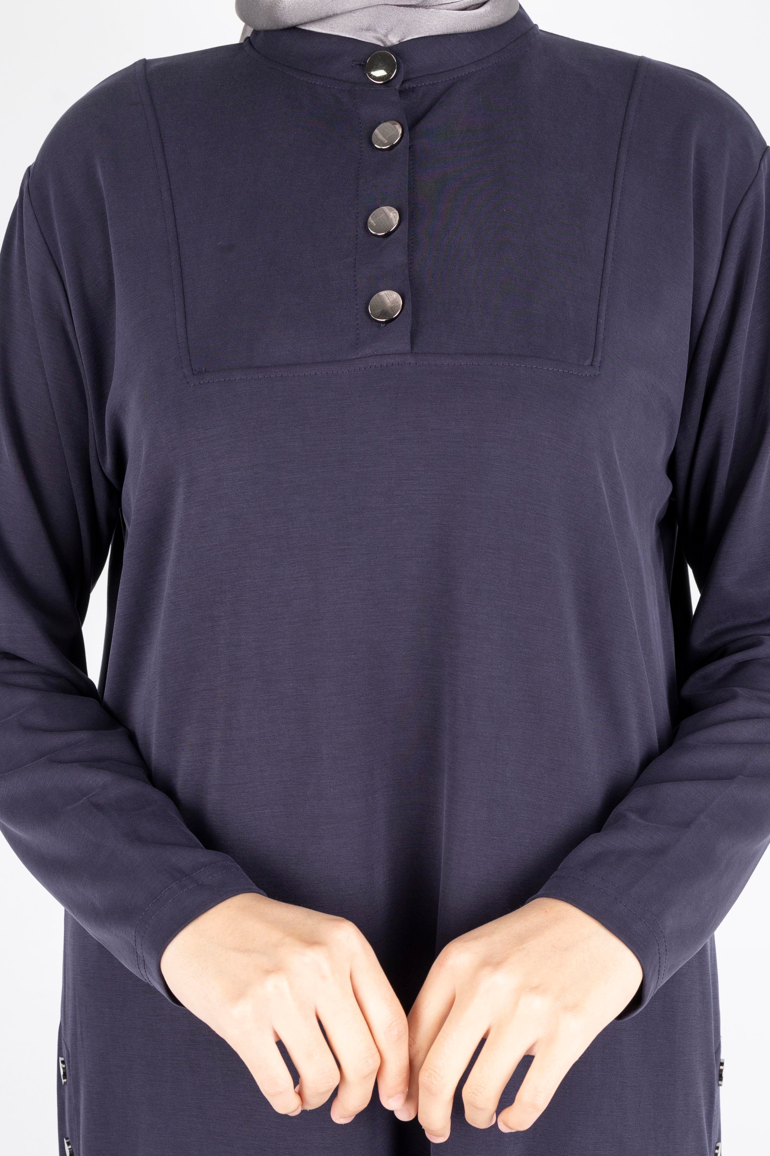 Düğme Detaylı Hakim Yaka Tunik Pantolon İkili Takım Lacivert OTW564