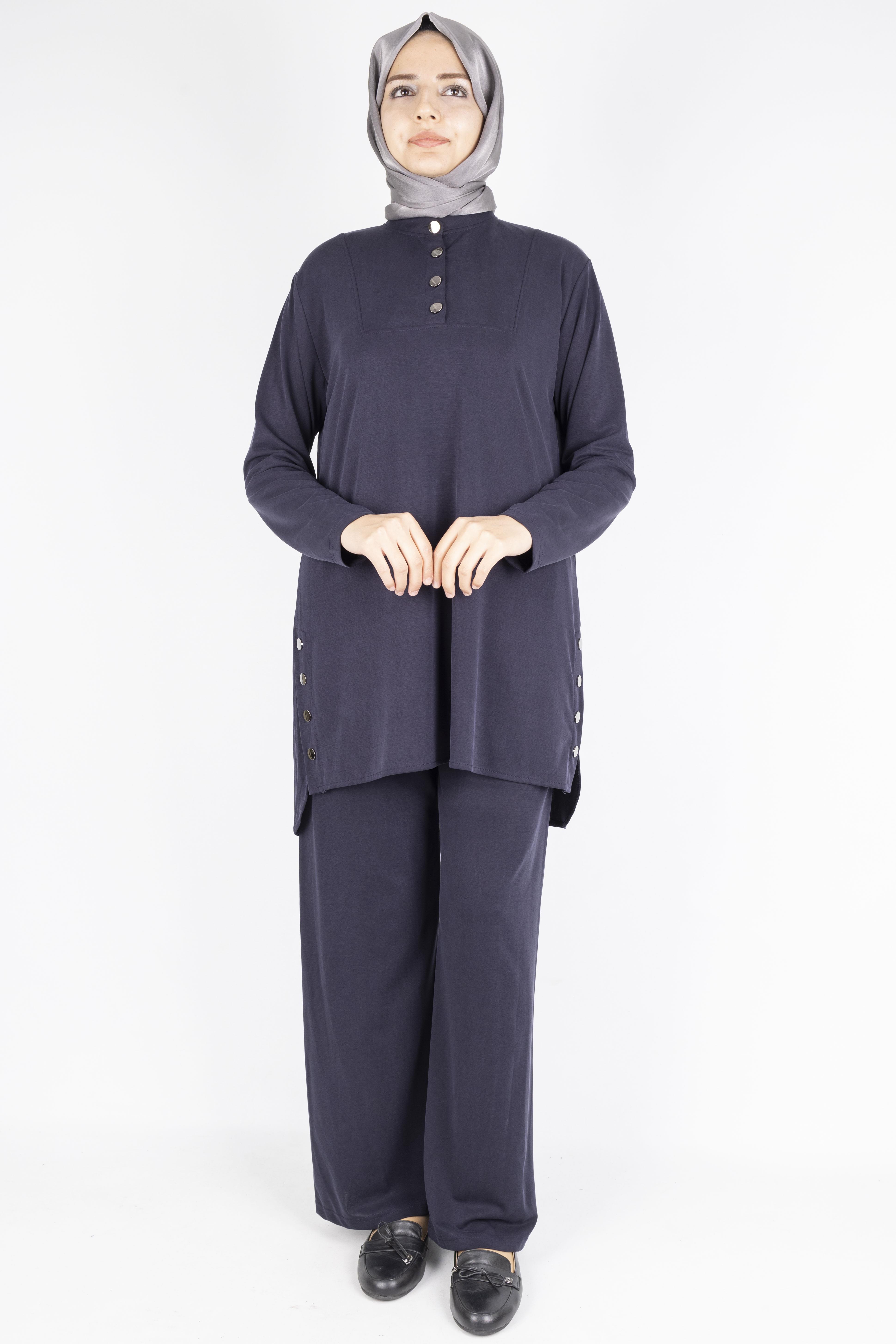Düğme Detaylı Hakim Yaka Tunik Pantolon İkili Takım Lacivert OTW564