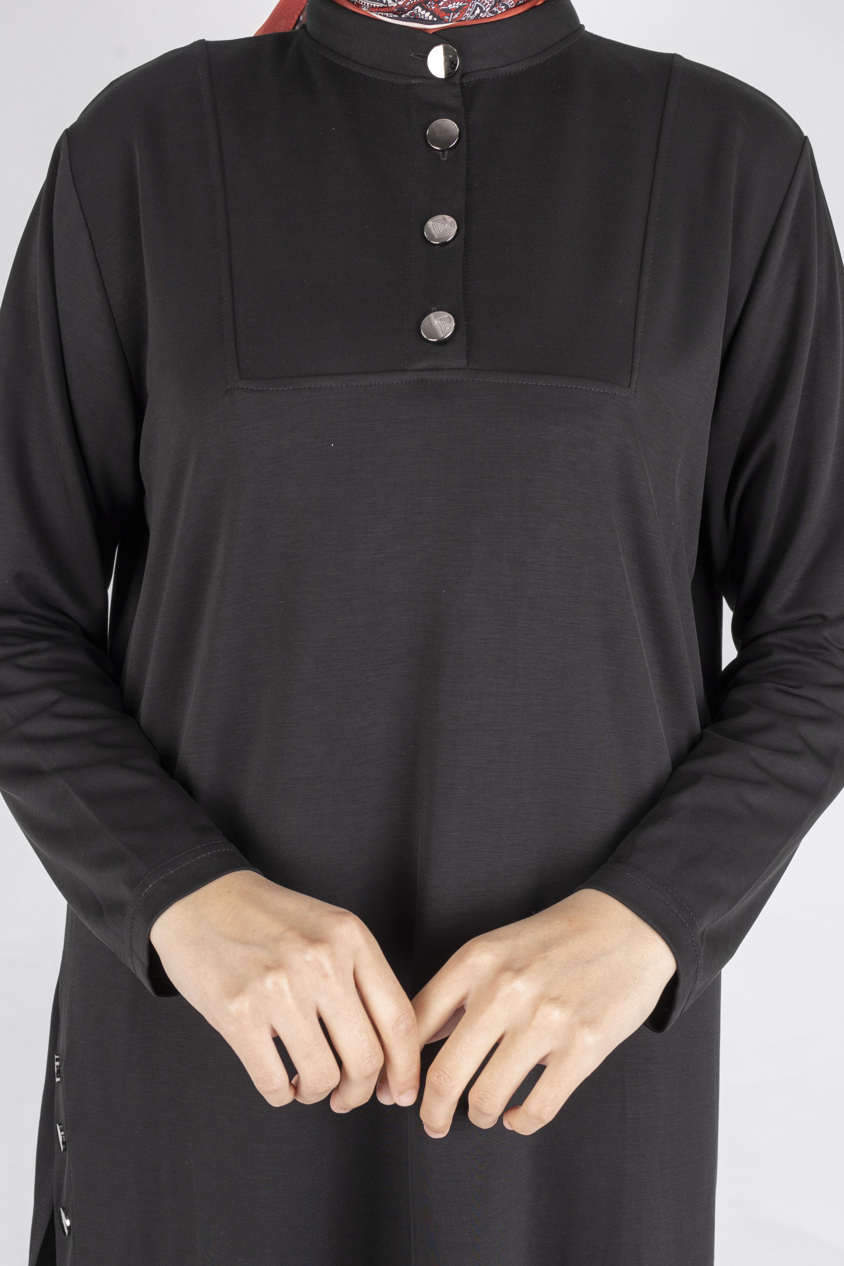 Düğme Detaylı Hakim Yaka Tunik Pantolon İkili Takım Siyah OTW564