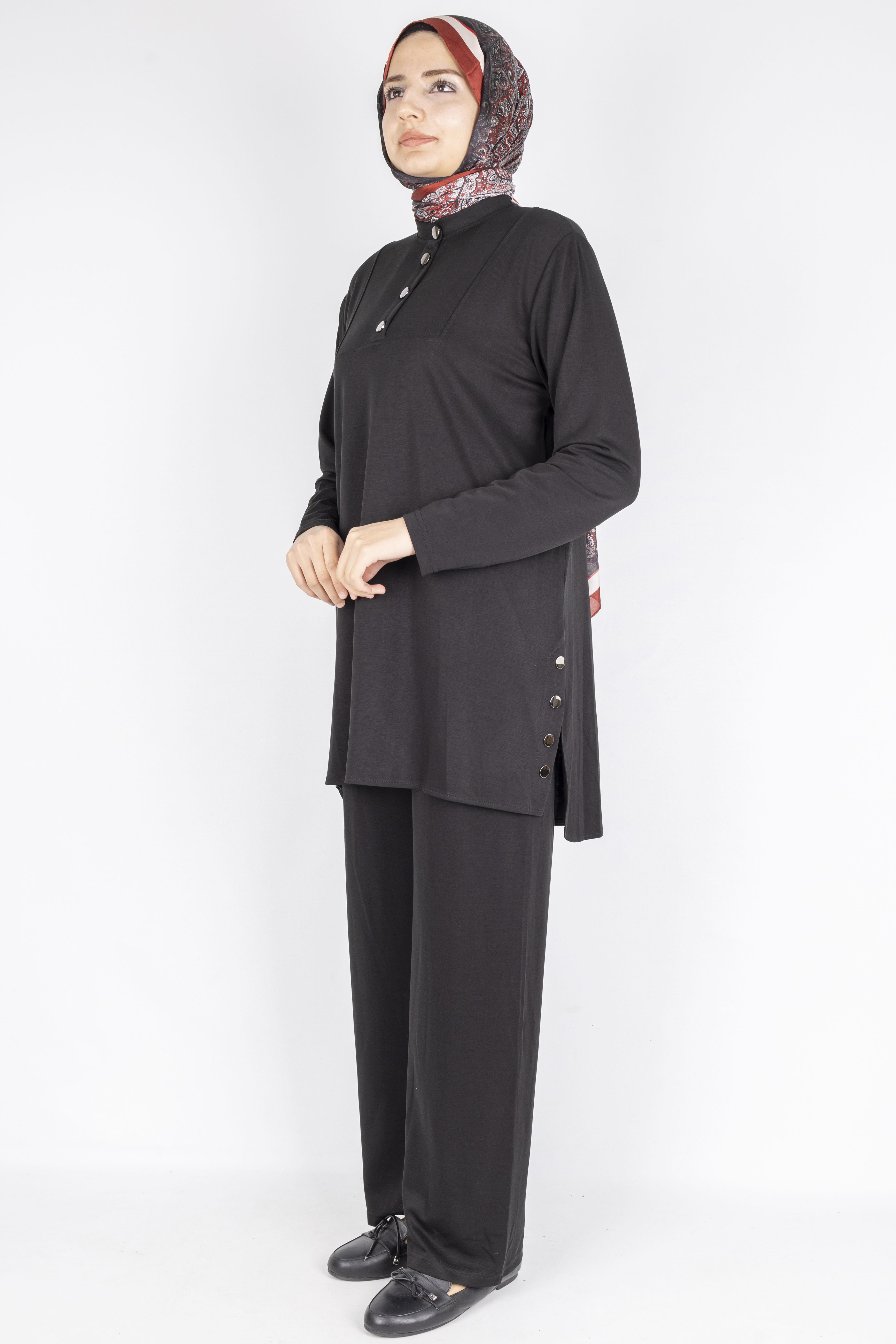 Düğme Detaylı Hakim Yaka Tunik Pantolon İkili Takım Siyah OTW564