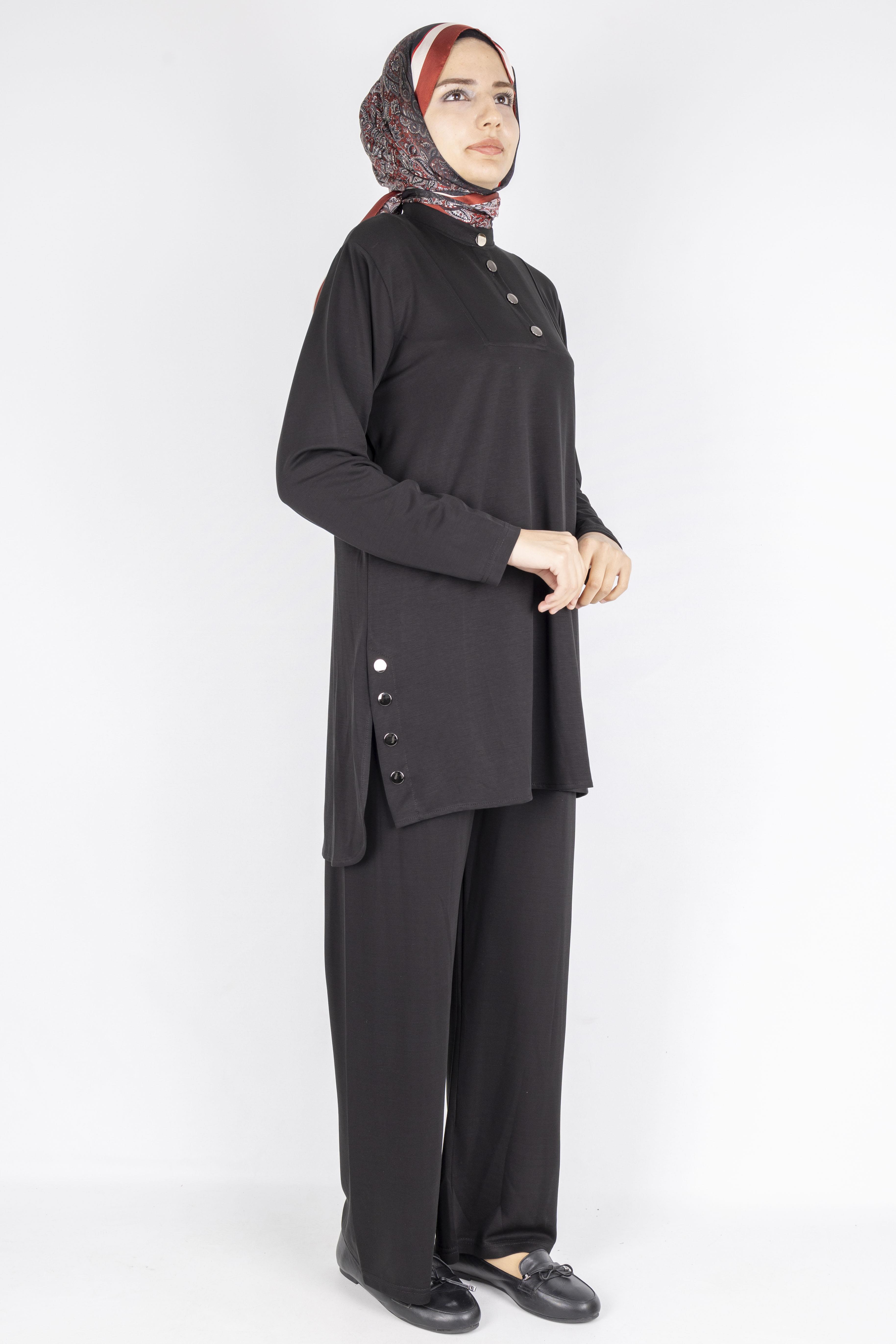 Düğme Detaylı Hakim Yaka Tunik Pantolon İkili Takım Siyah OTW564