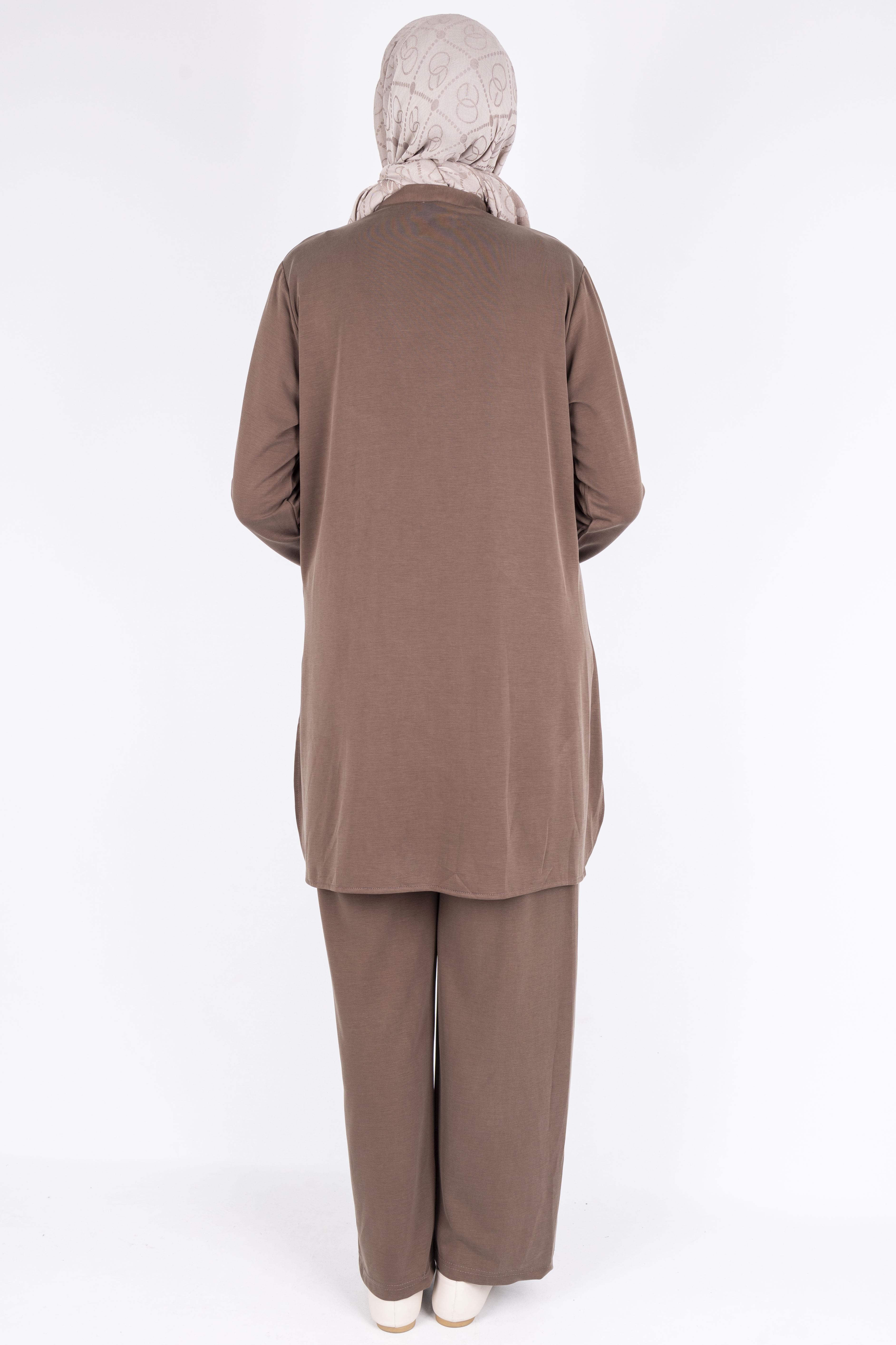 Düğme Detaylı Hakim Yaka Tunik Pantolon İkili Takım Kahve OTW564