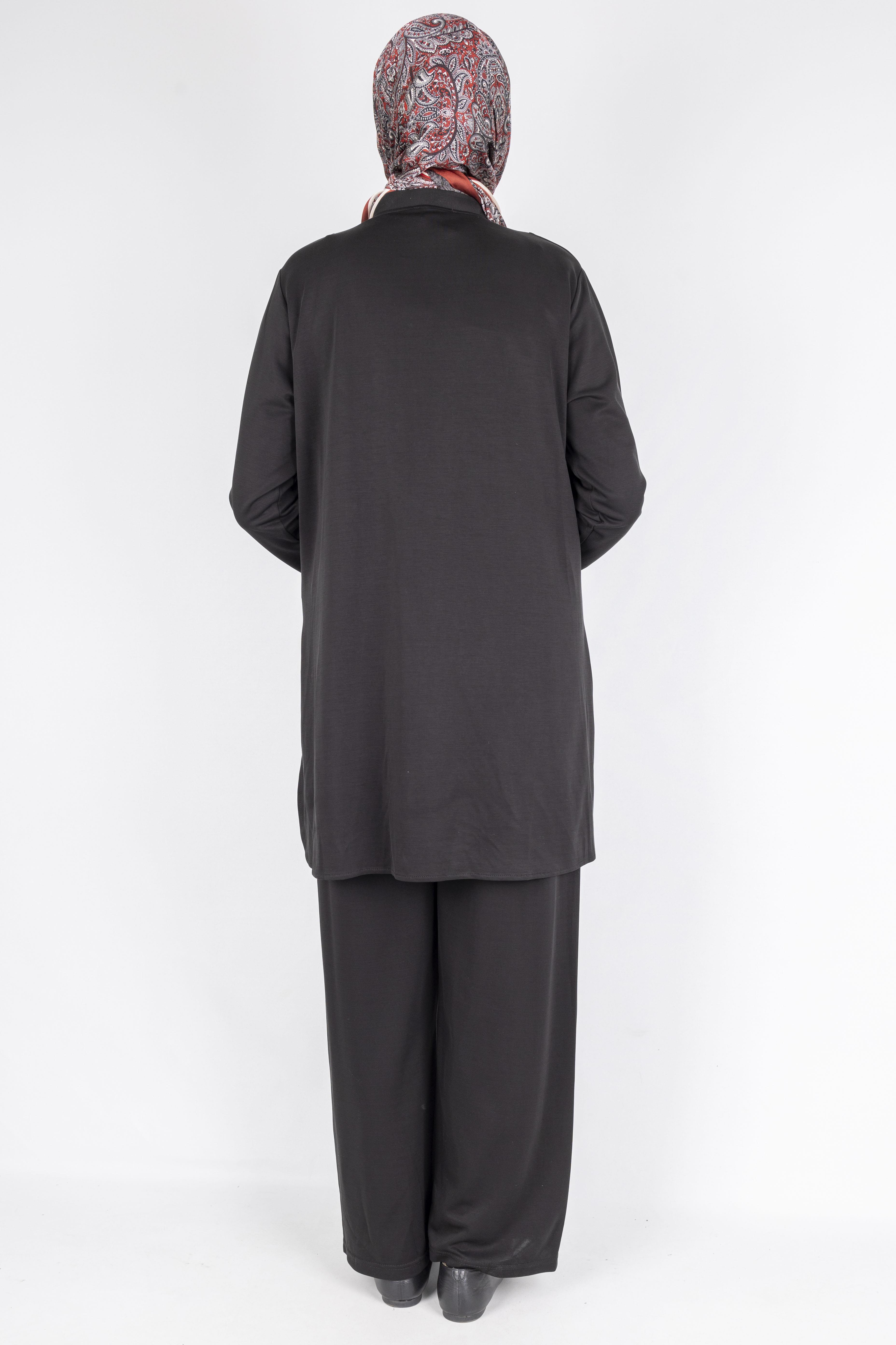 Düğme Detaylı Hakim Yaka Tunik Pantolon İkili Takım Siyah OTW564