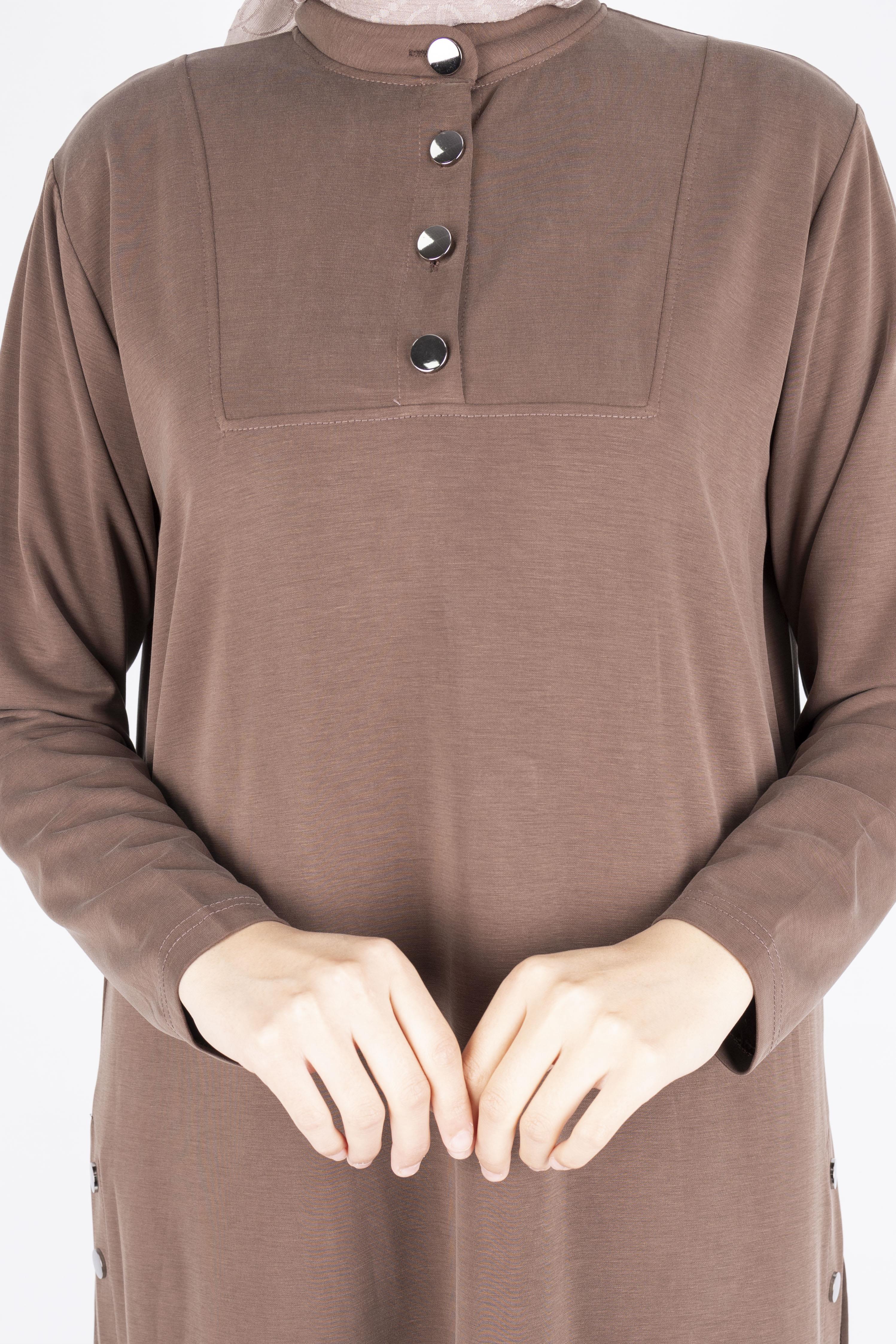 Düğme Detaylı Hakim Yaka Tunik Pantolon İkili Takım Kahve OTW564