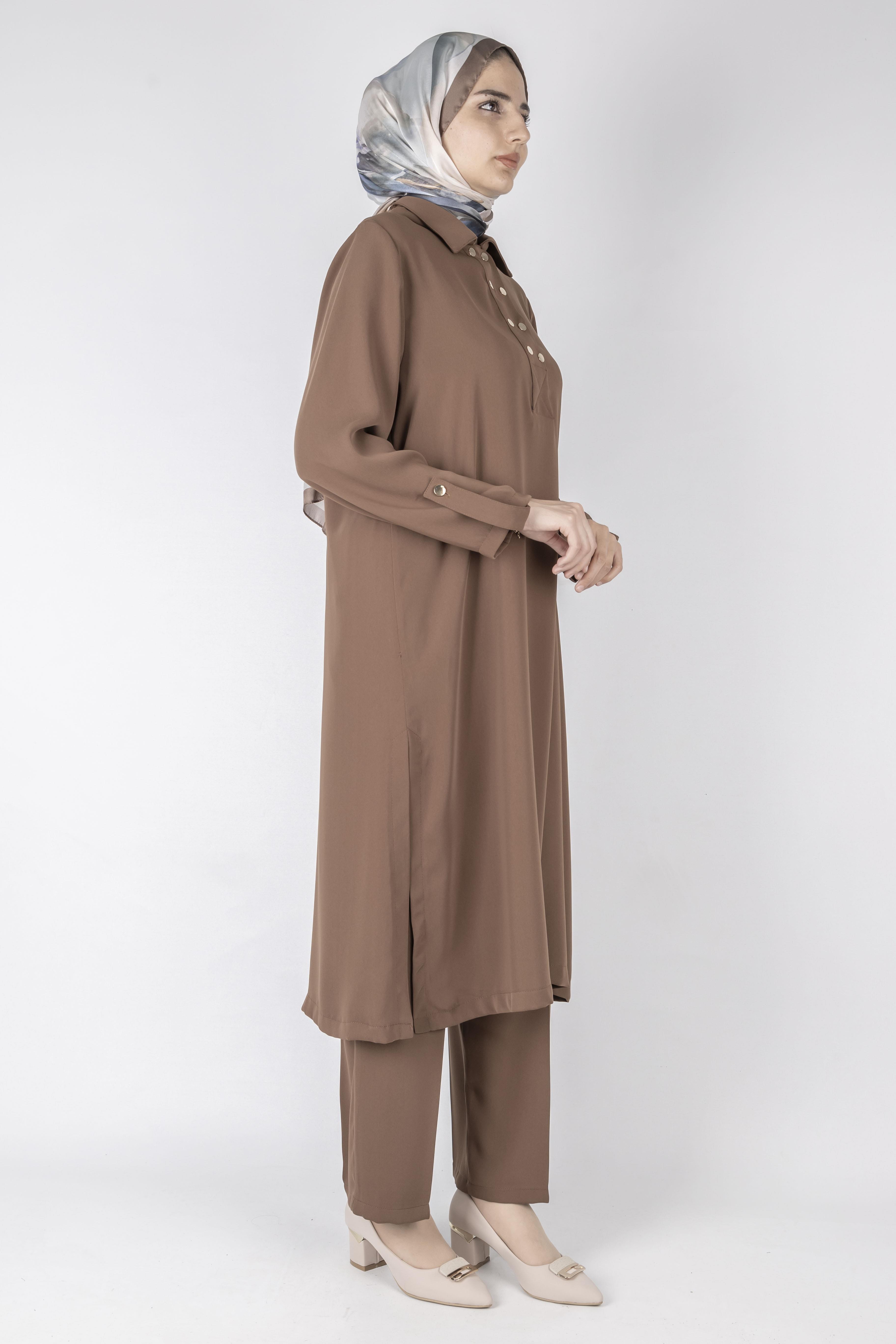 Düğme Detaylı Tunik Pantolon Takım Kahve OTW2188