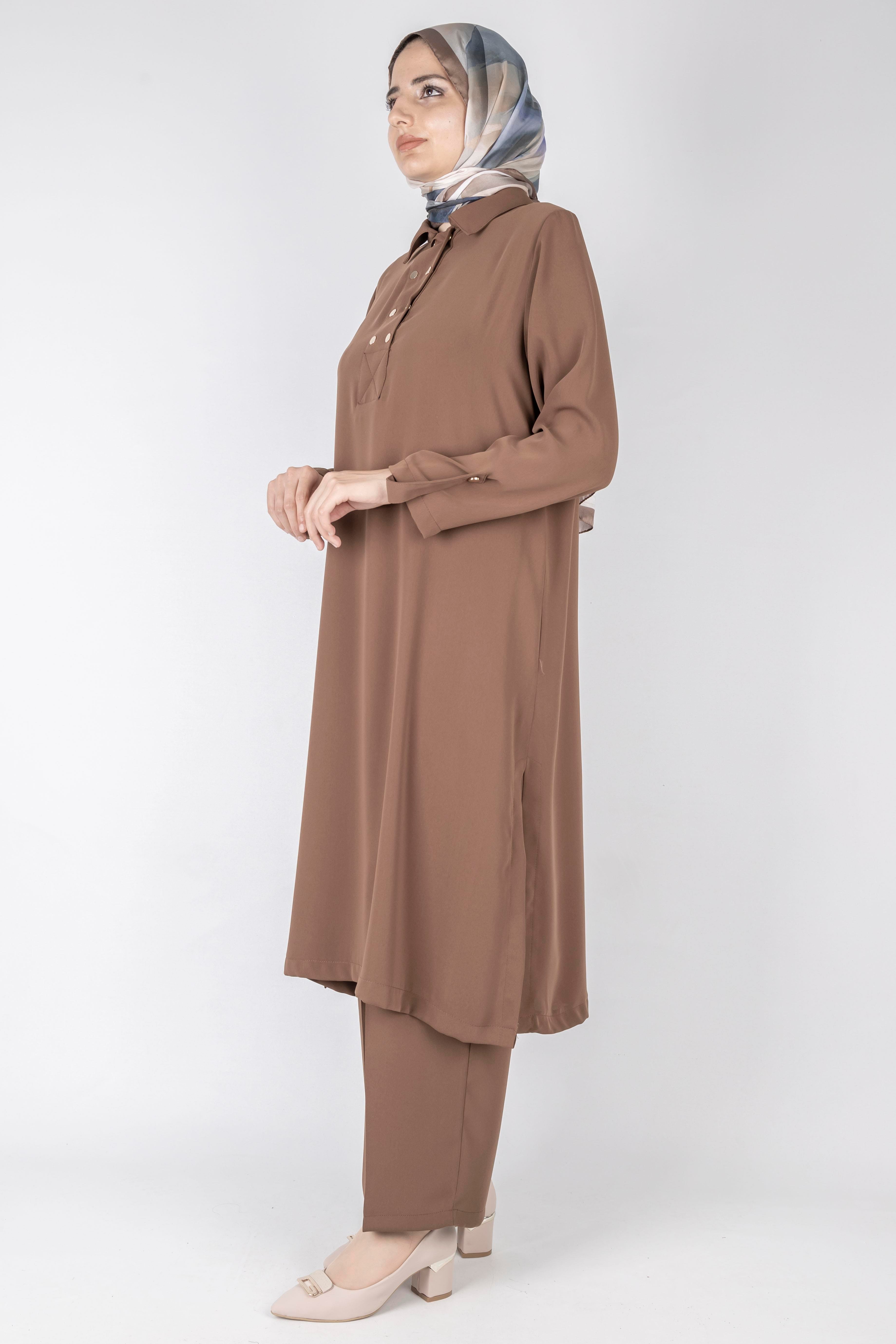 Düğme Detaylı Tunik Pantolon Takım Kahve OTW2188