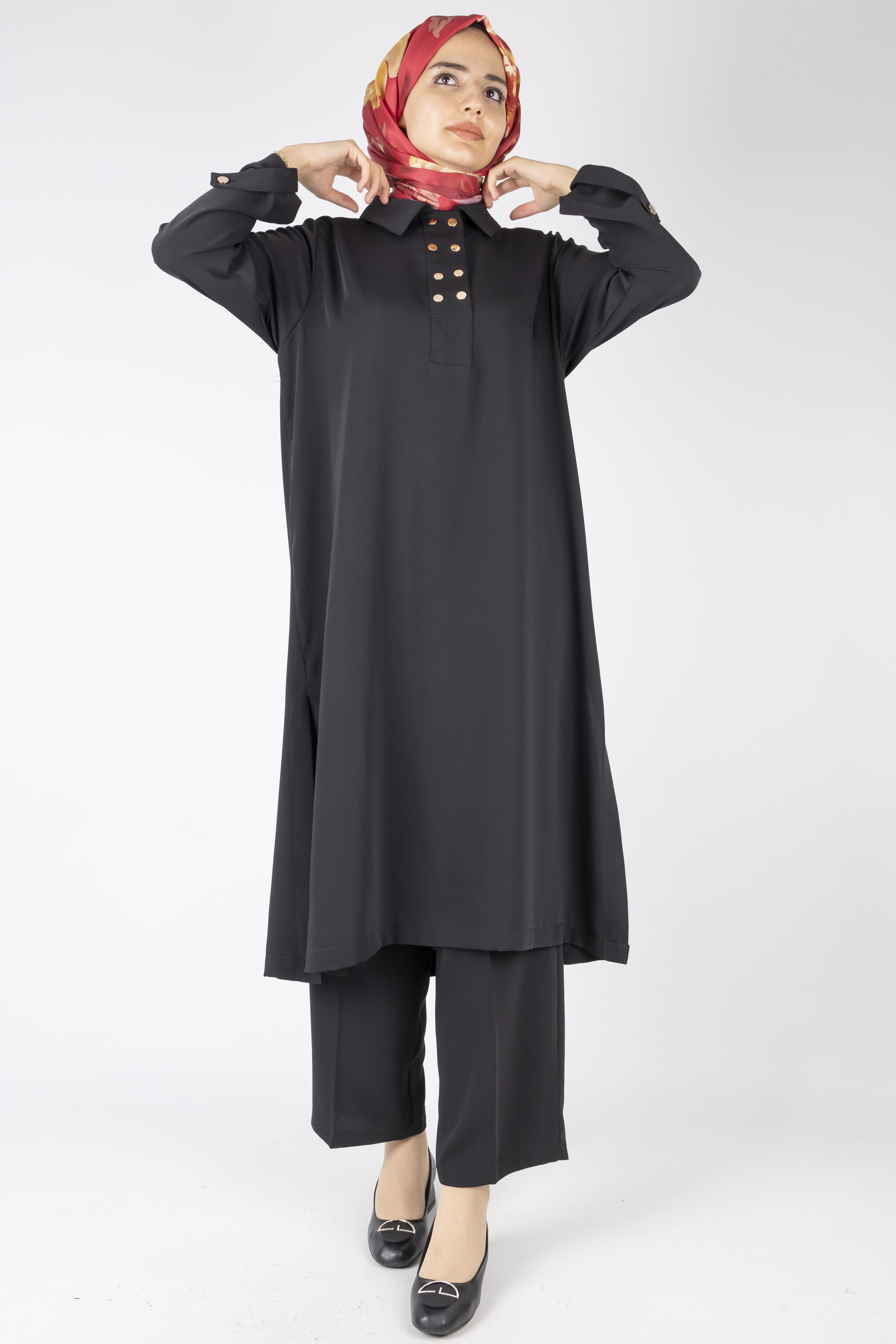 Düğme Detaylı Tunik Pantolon Takım Siyah OTW2188