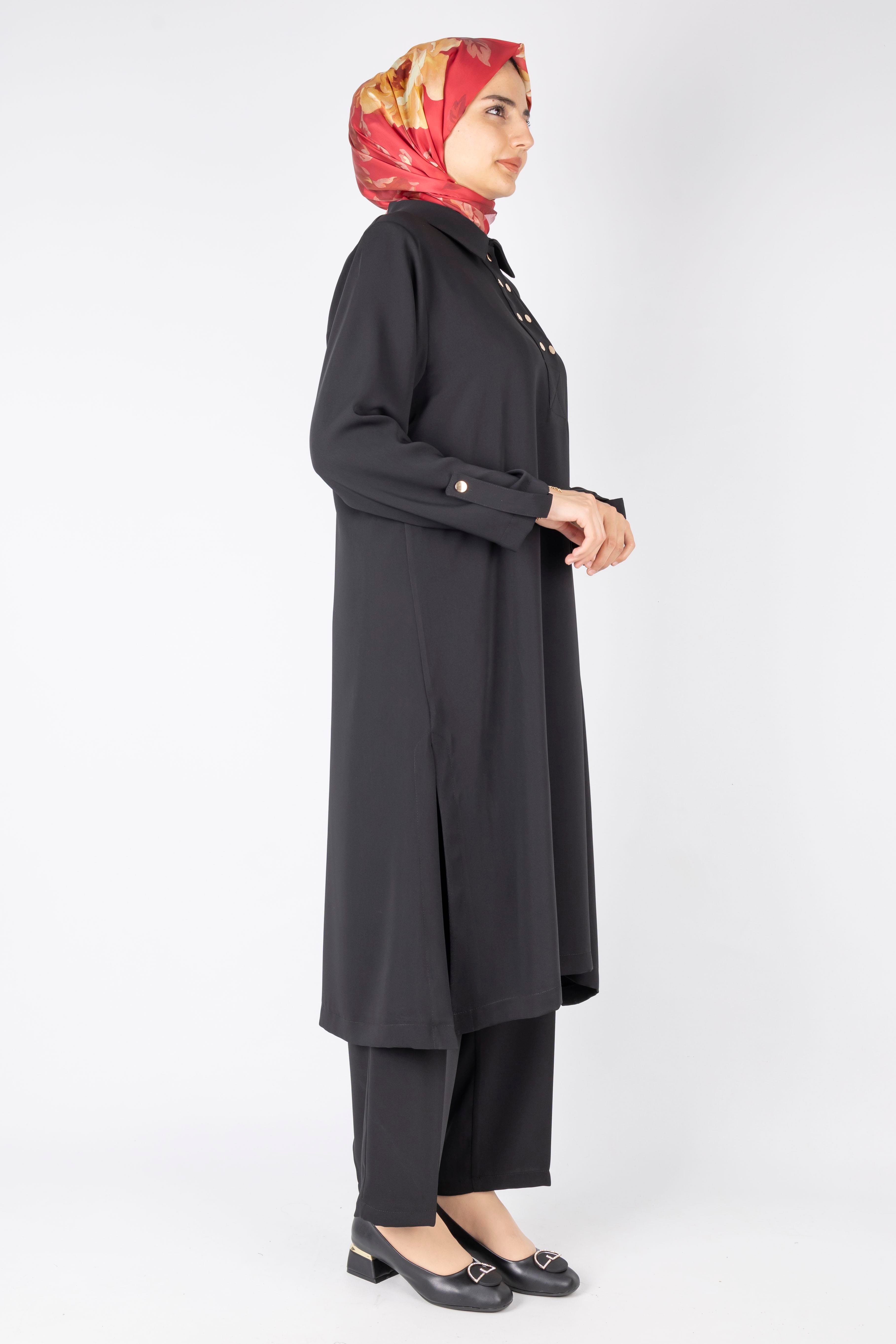 Düğme Detaylı Tunik Pantolon Takım Siyah OTW2188