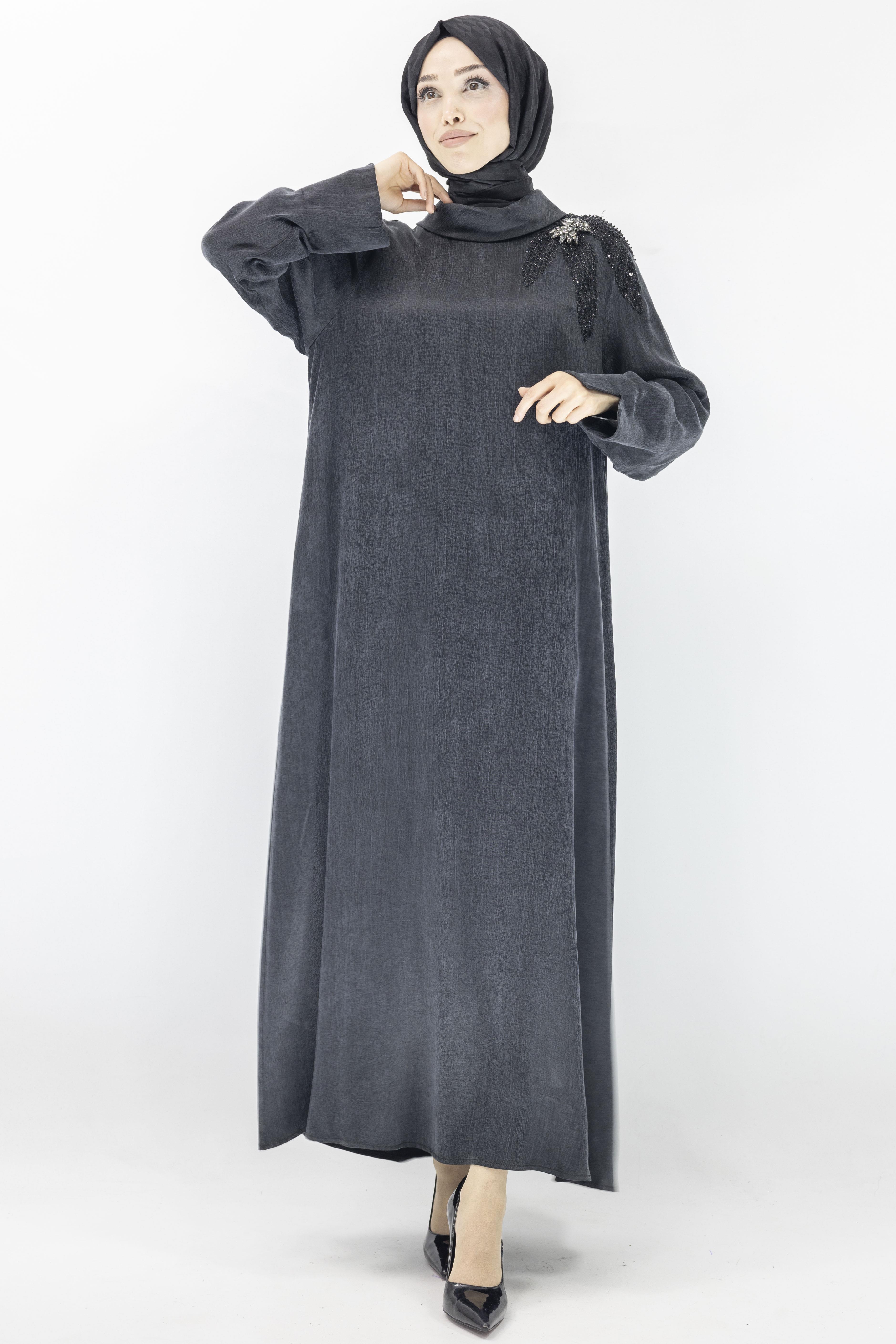 Dule Yakalı Qupra İpek Elbise Siyah OTW909