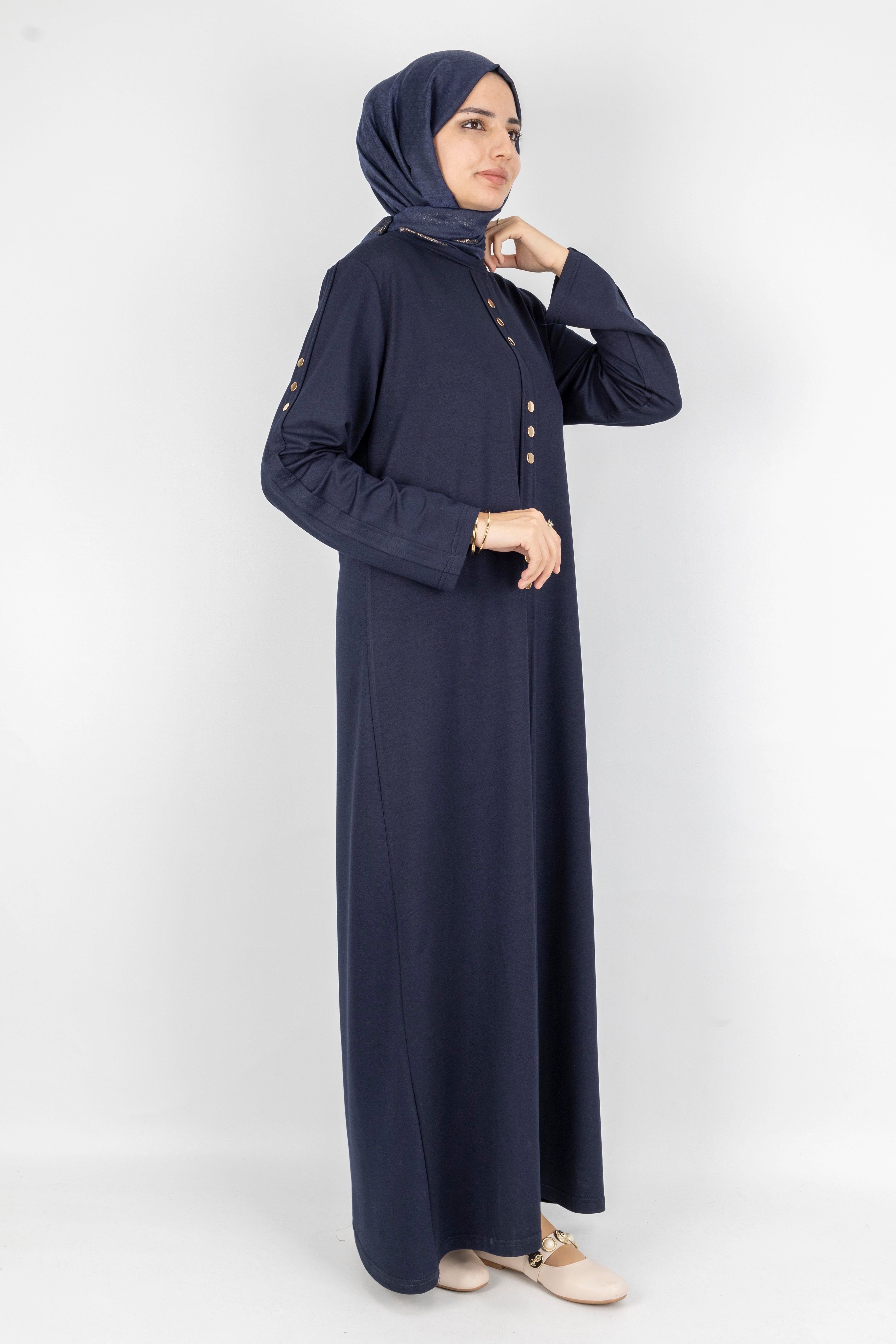 Düz Renk Modern Stil Düğmeli Tesettür Elbise Lacivert OTW2205