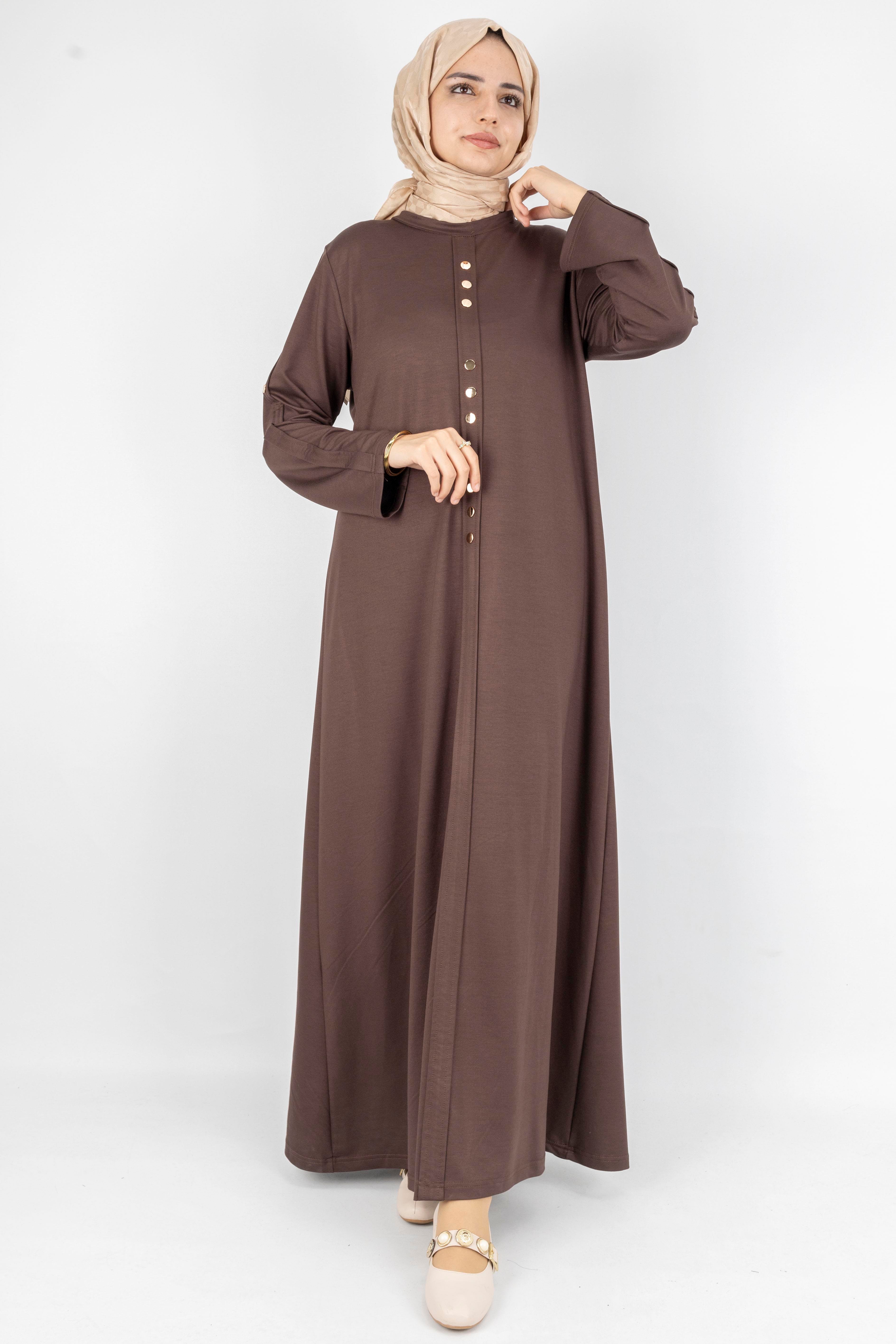 Düz Renk Modern Stil Düğmeli Tesettür Elbise Kahve OTW2205