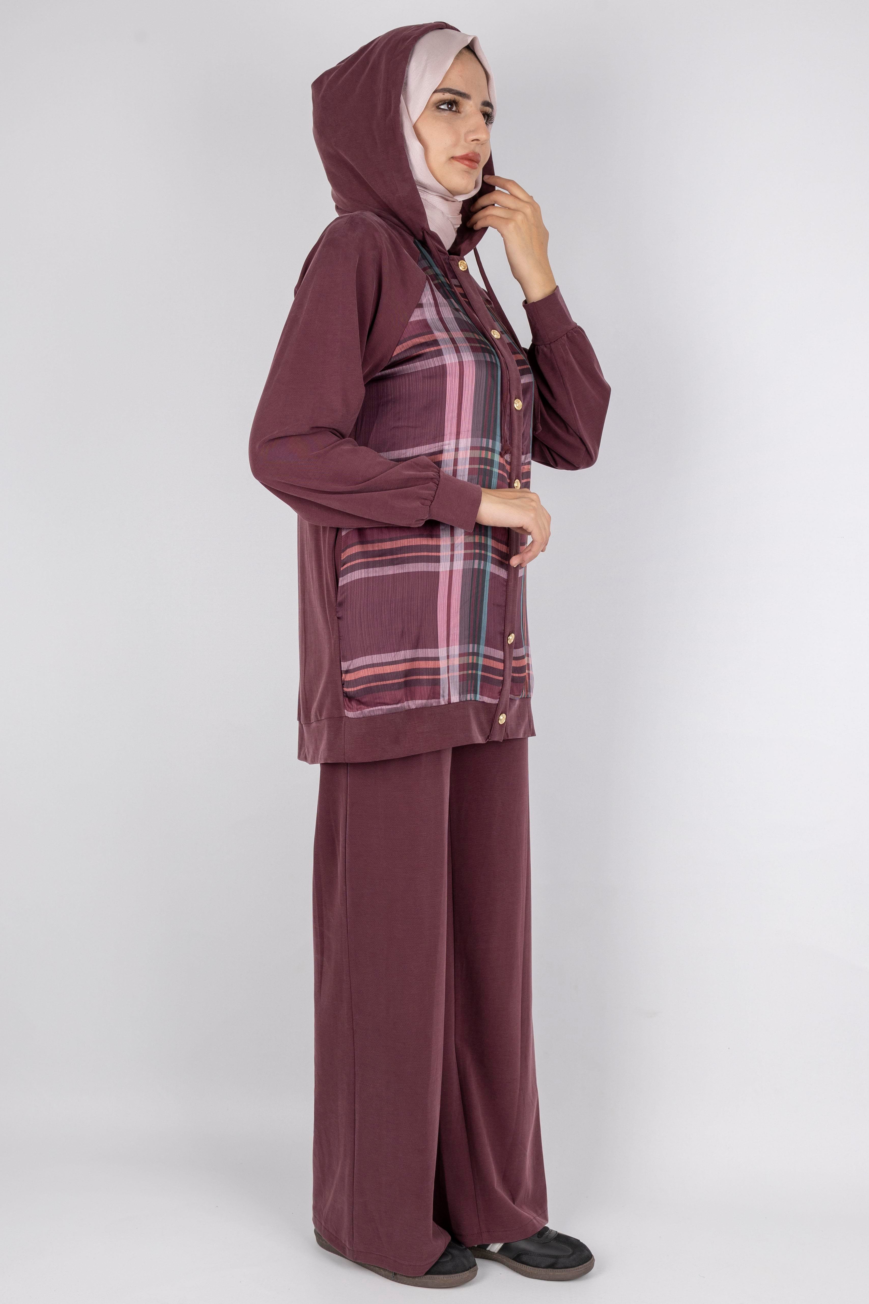 Ekose Desenli Düğmeli Üçlü  Takım Bordo OTW8568