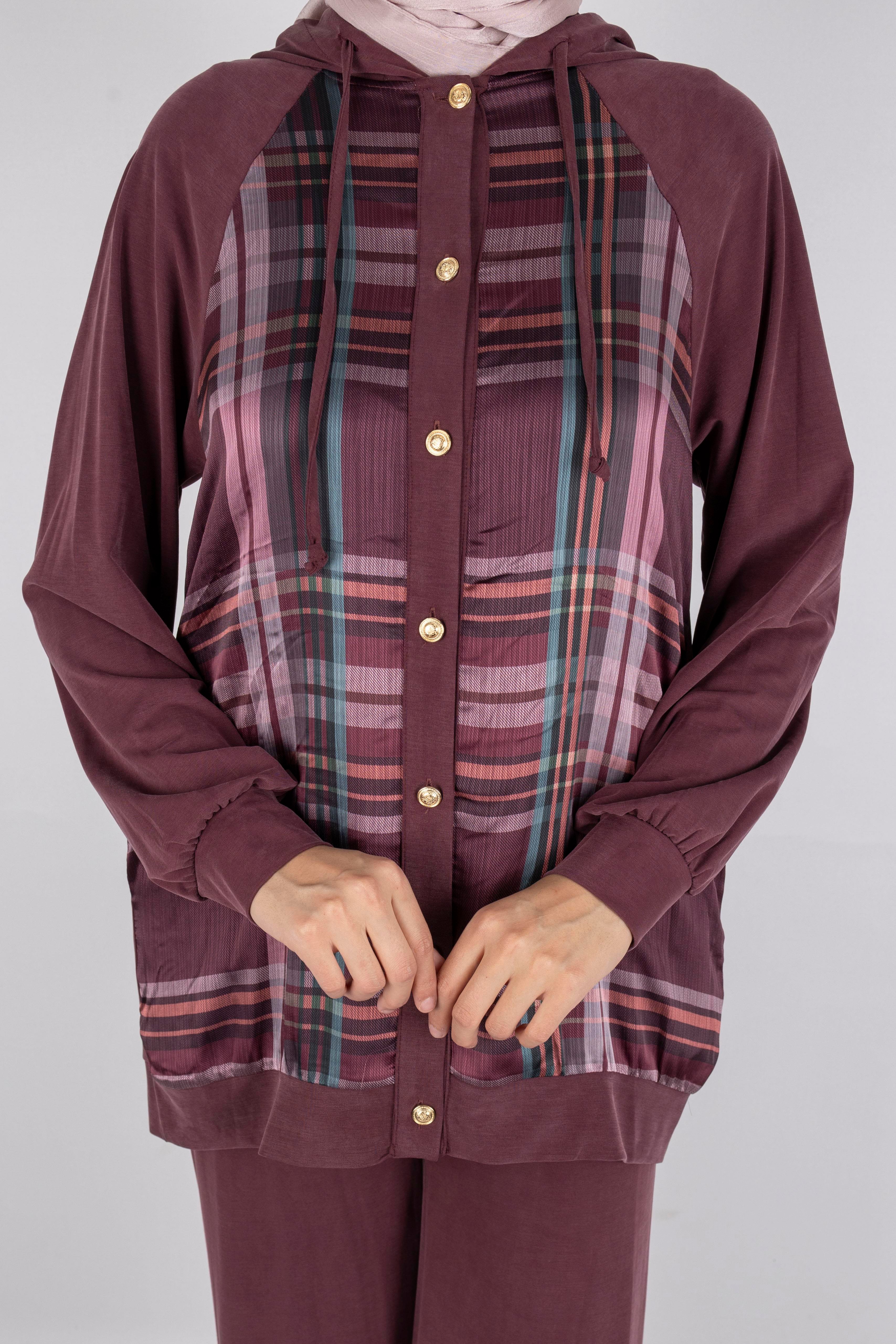 Ekose Desenli Düğmeli Üçlü  Takım Bordo OTW8568