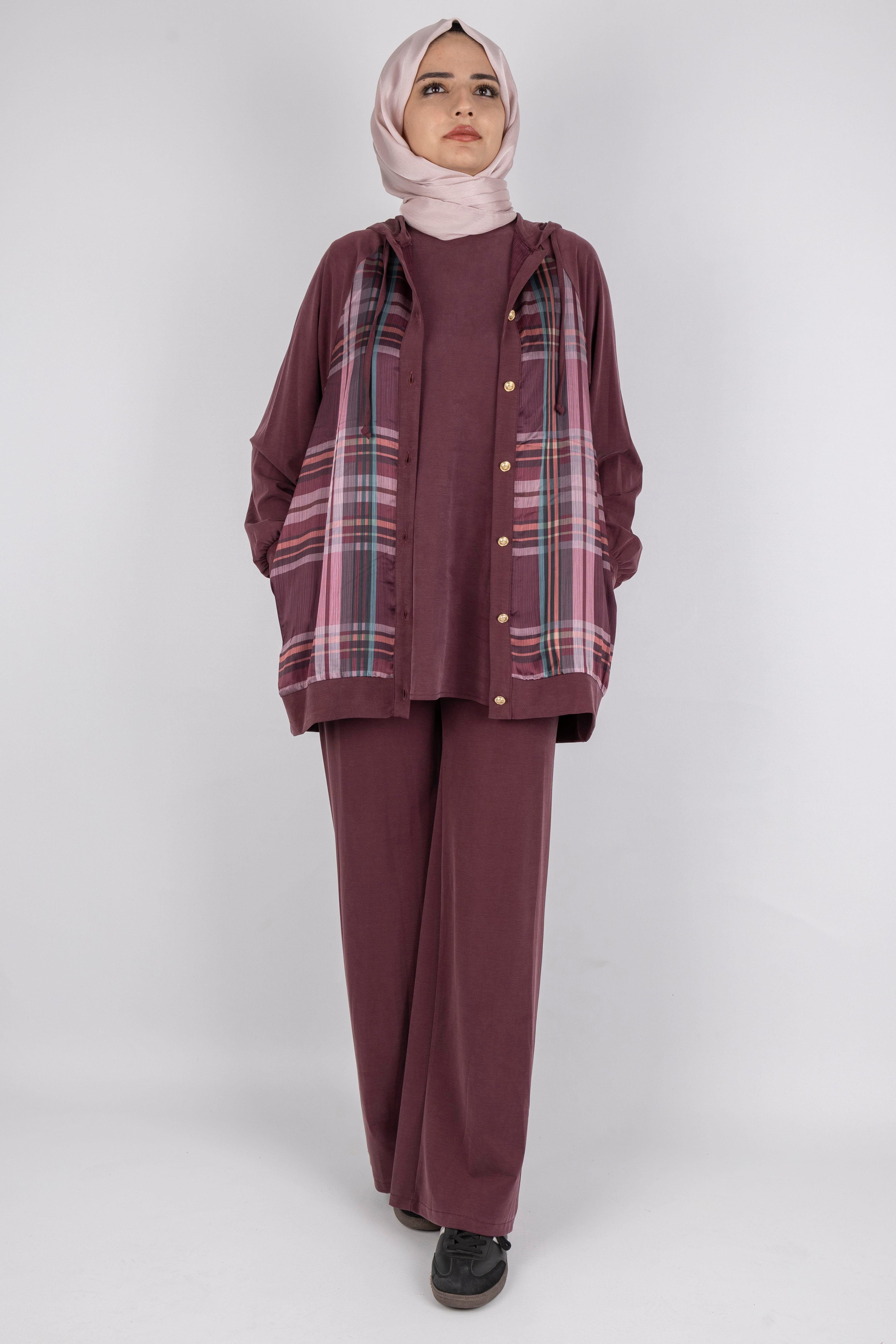 Ekose Desenli Düğmeli Üçlü  Takım Bordo OTW8568