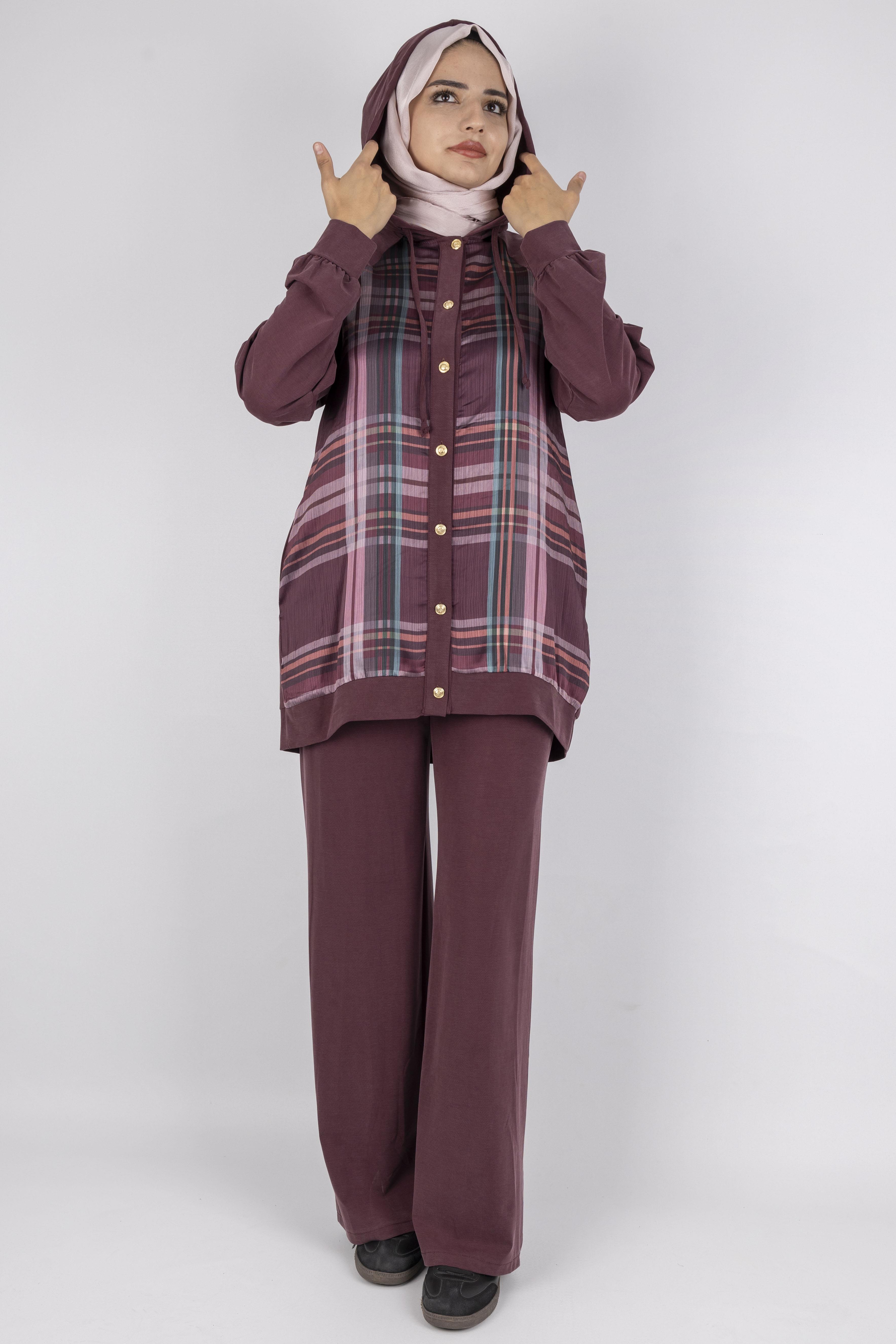 Ekose Desenli Düğmeli Üçlü  Takım Bordo OTW8568