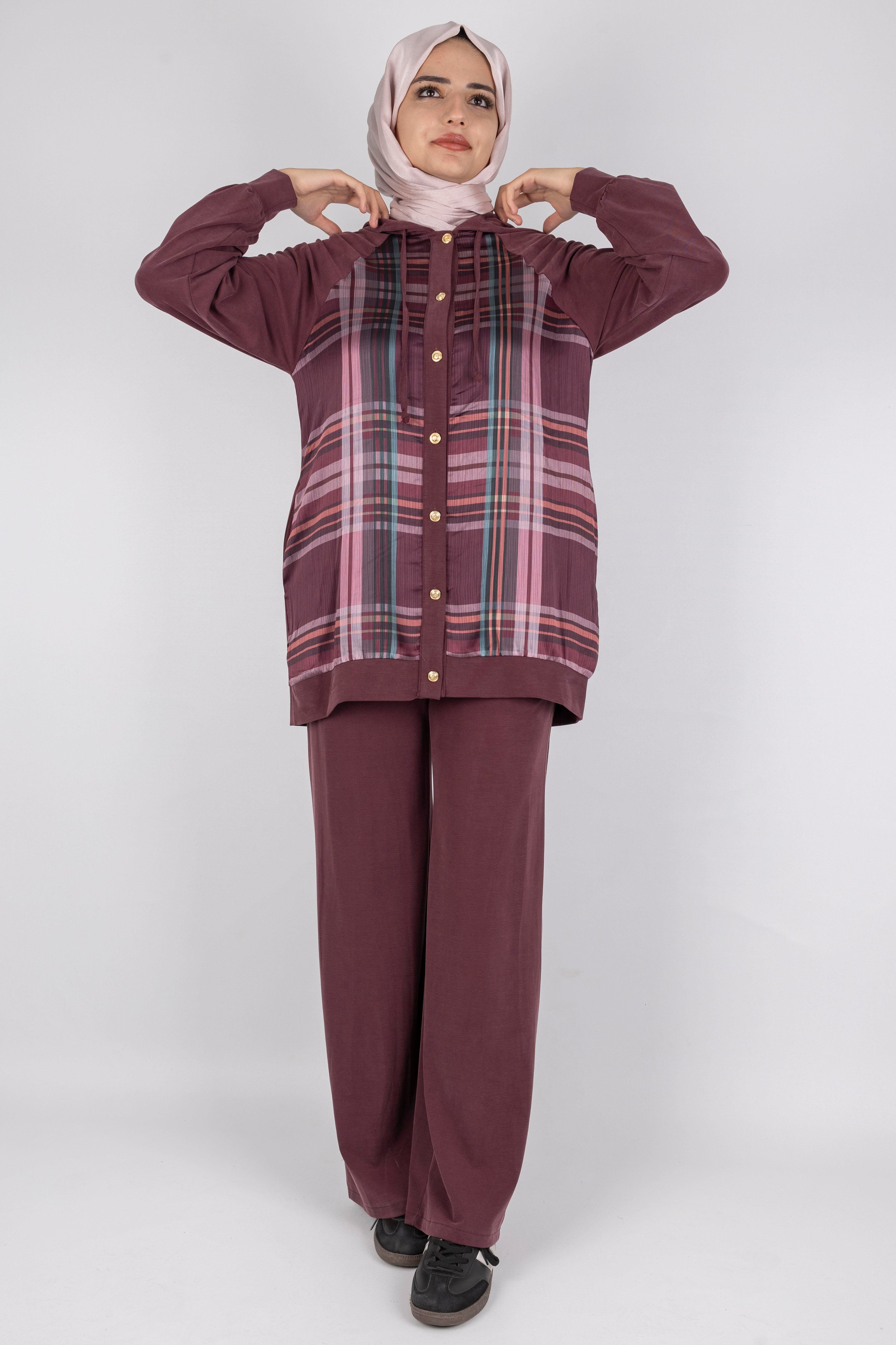 Ekose Desenli Düğmeli Üçlü  Takım Bordo OTW8568