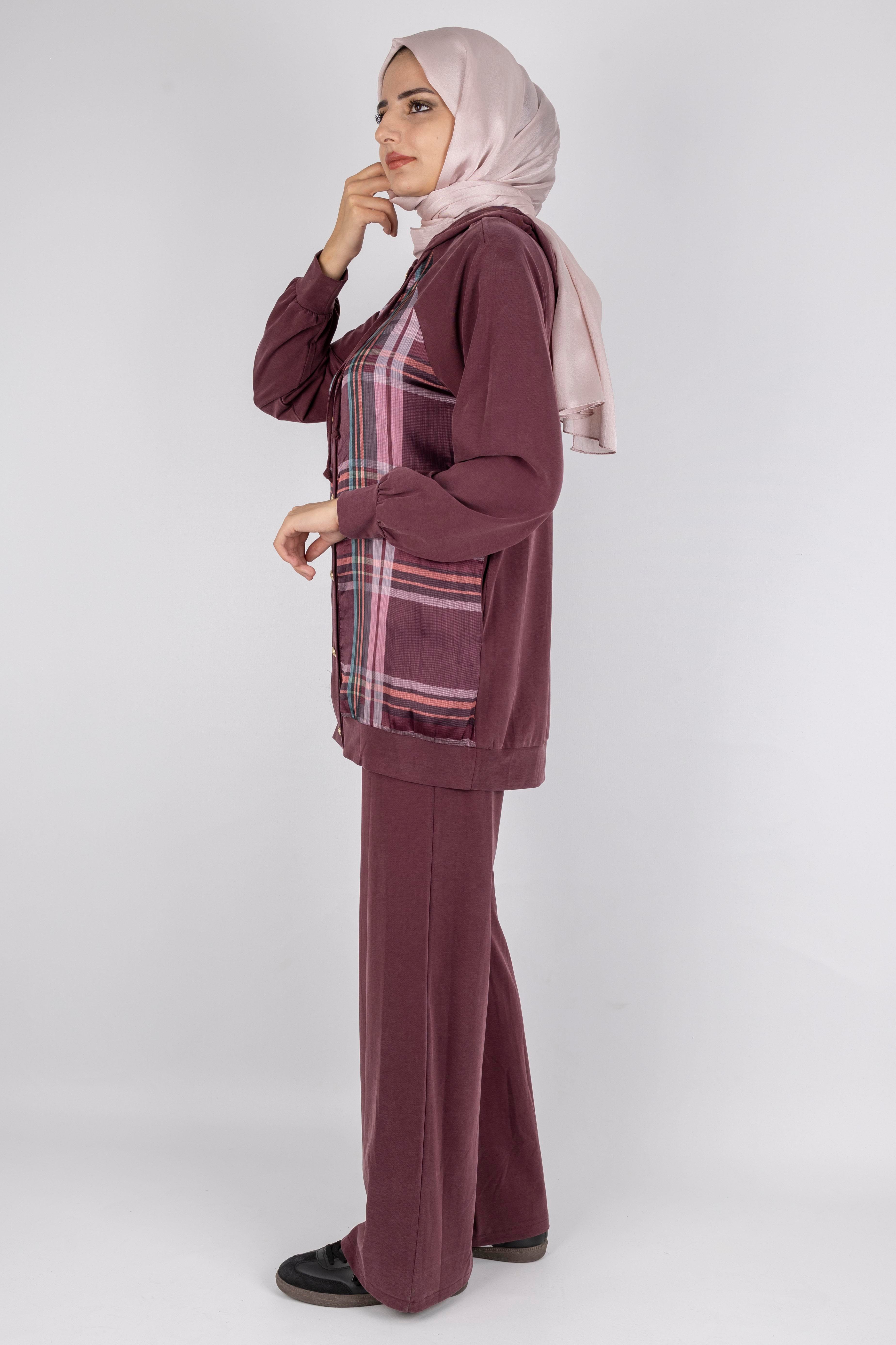 Ekose Desenli Düğmeli Üçlü  Takım Bordo OTW8568