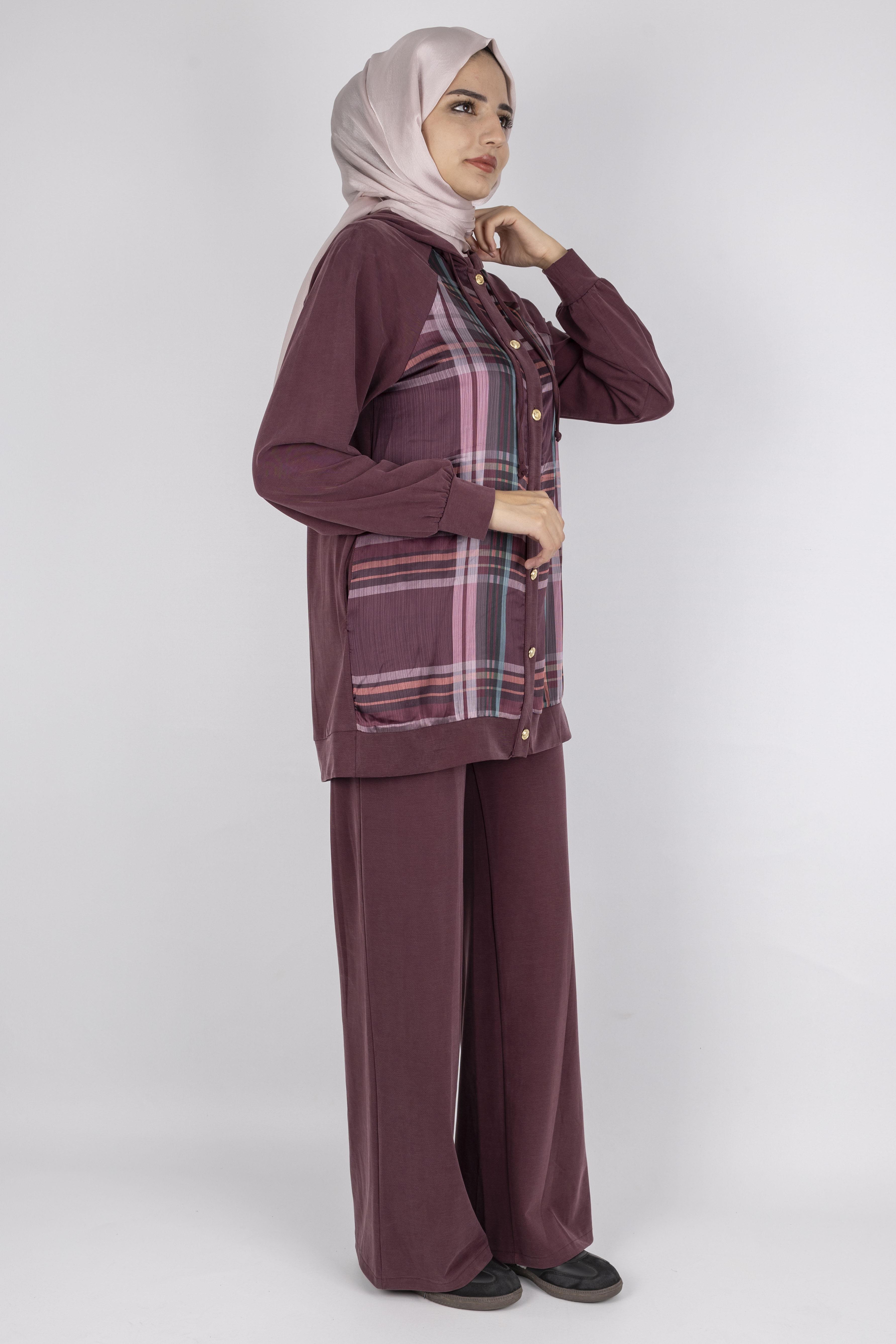 Ekose Desenli Düğmeli Üçlü  Takım Bordo OTW8568