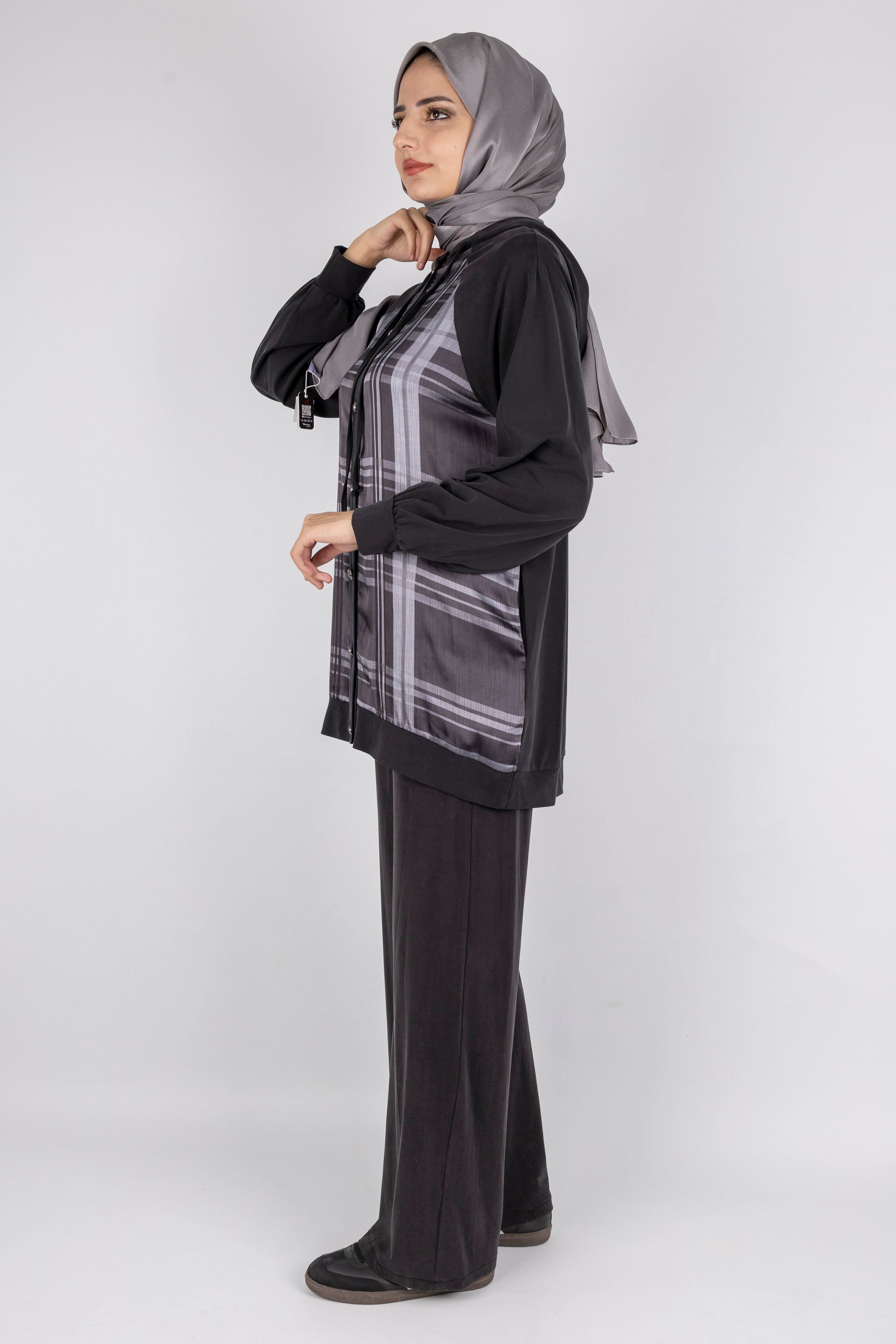 Ekose Desenli Düğmeli Üçlü  Takım Siyah OTW8568